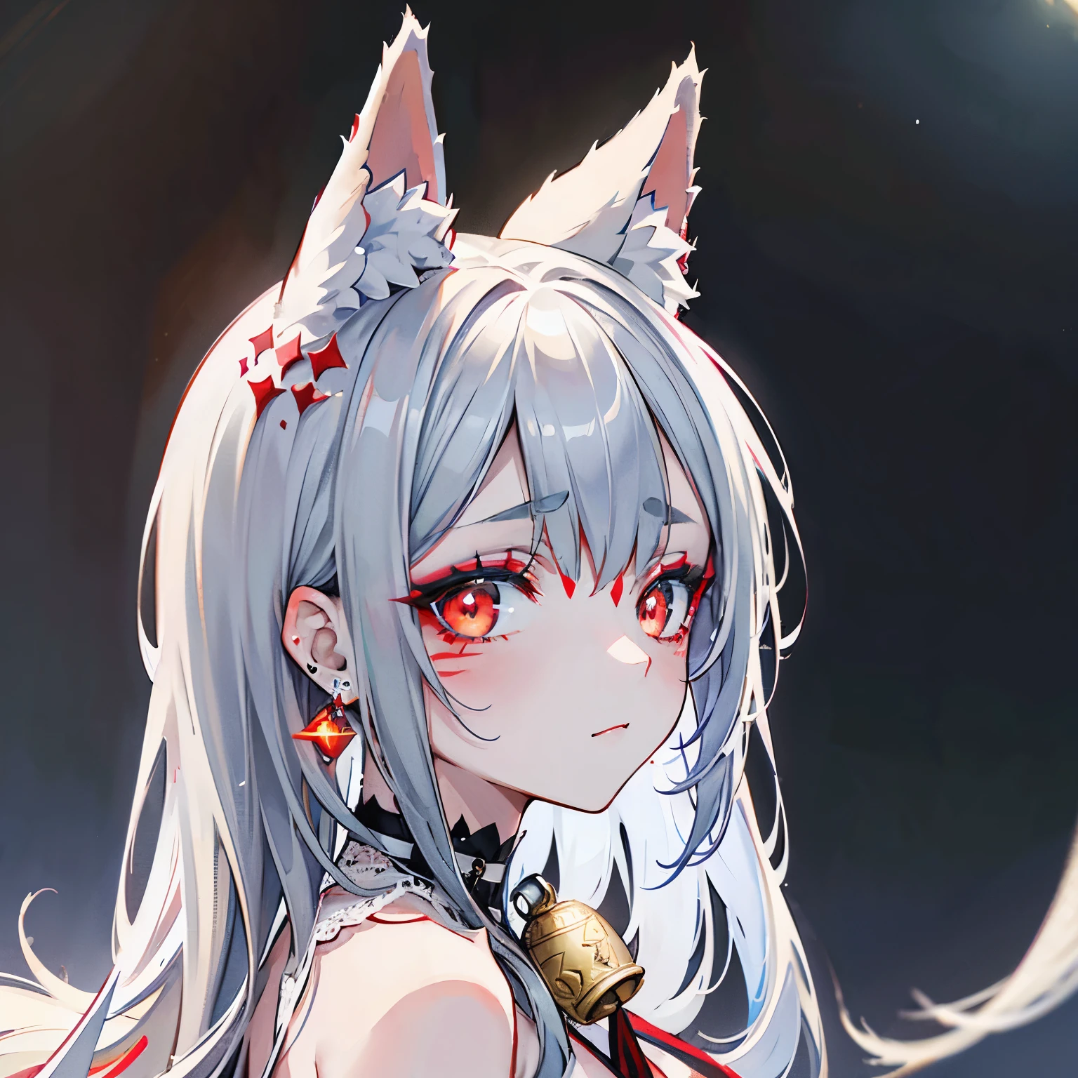 One gorgeous fox woman, (solo), white fox ears, white fox tail, ((light grey long hair)), red line on her cheeks and between the eyebrows, detailed blight eyes, small round eyebrows, upturned eyes like a fox, (((red long gorgeous dress))), (race dress), (black hair accessories), full body, (dramatic lighting), in the dark forest, night, blight red noon, mysterious, horror,(masterpiece),best quality,highest quality,ultra detailed,extremely detailed,highres,official art,high-resolution,4K,8k,UHD,(detail eyes), (detail face), dramatic angle, dynamic angle, best illuminate, best shadow, best illustration,extremely delicate