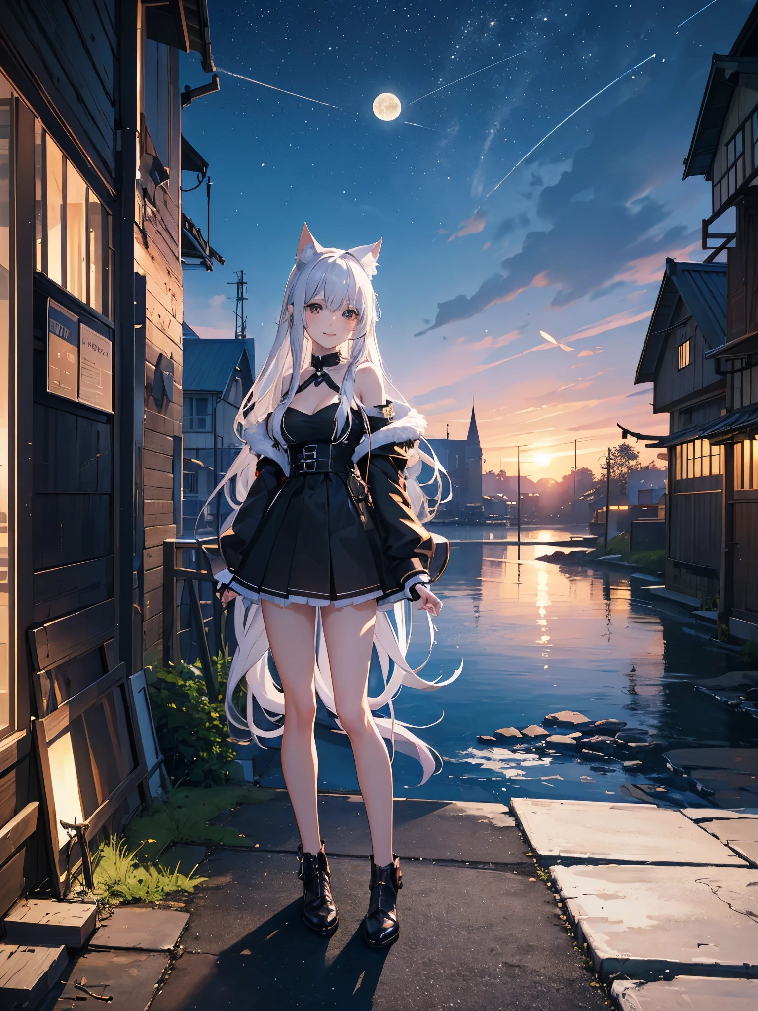 (high quality、8K、ultra hd,dark fantasy,Anime girl with long hair and cat ears standing in front of the earth, The background is buildings from the moon world.、mysterious、Smile、)、Nightcore, very beautiful anime cat girl, Beautiful anime cat girl, Perfect build、progressive house、by Yan J, Trending on ArtStation pixiv、digital painting、concept art、3D lighting、metal reflection、2D rendering、art germ、ArtStat Trends