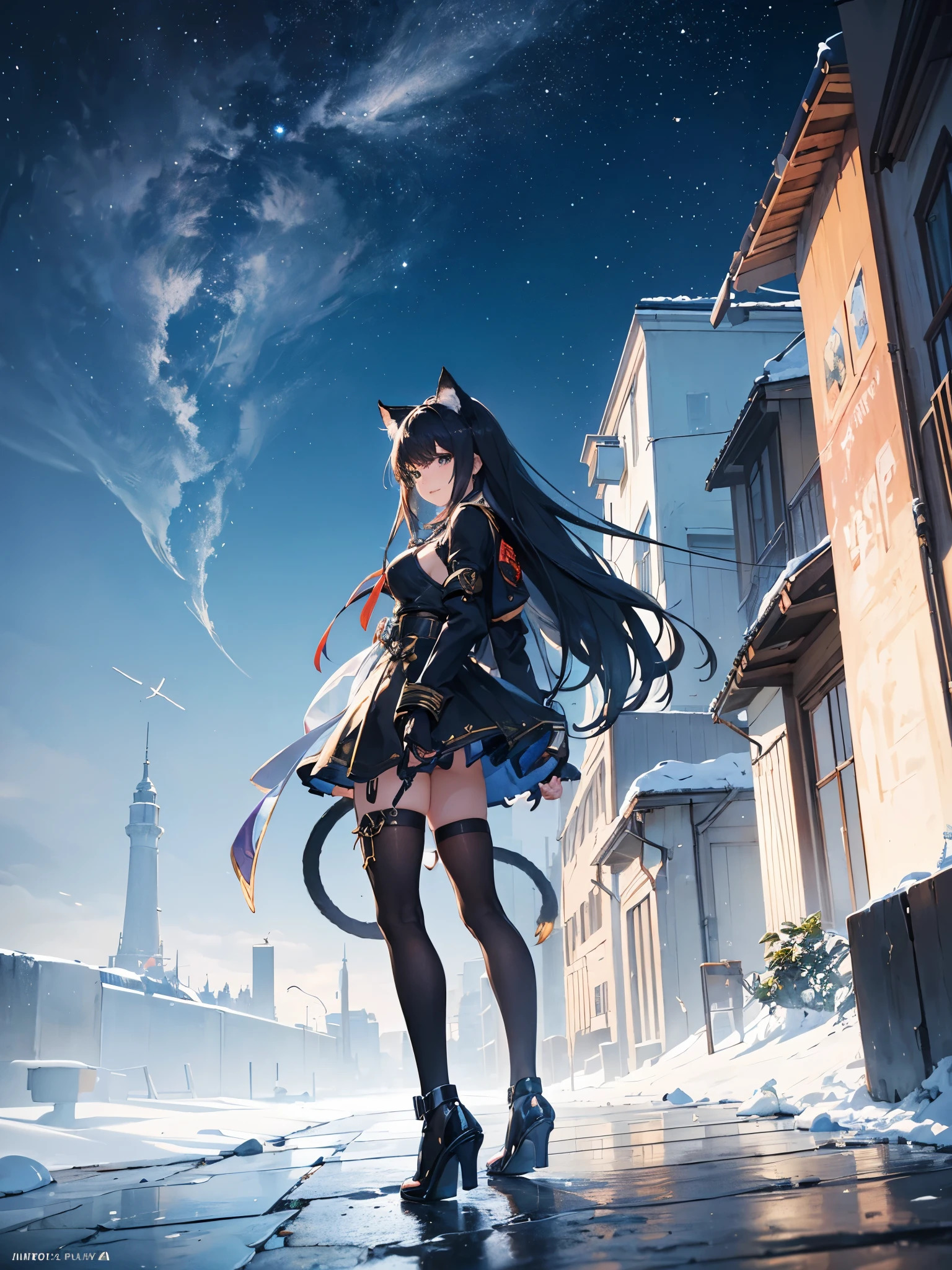 (high quality、8K、ultra hd,dark fantasy,Anime girl with long hair and cat ears standing in front of the earth, The background is buildings from the moon world.、mysterious、Smile、)、Nightcore, very beautiful anime cat girl, Beautiful anime cat girl, Perfect build、progressive house、by Yan J, Trending on ArtStation pixiv、digital painting、concept art、3D lighting、metal reflection、2D rendering、art germ、ArtStat Trends