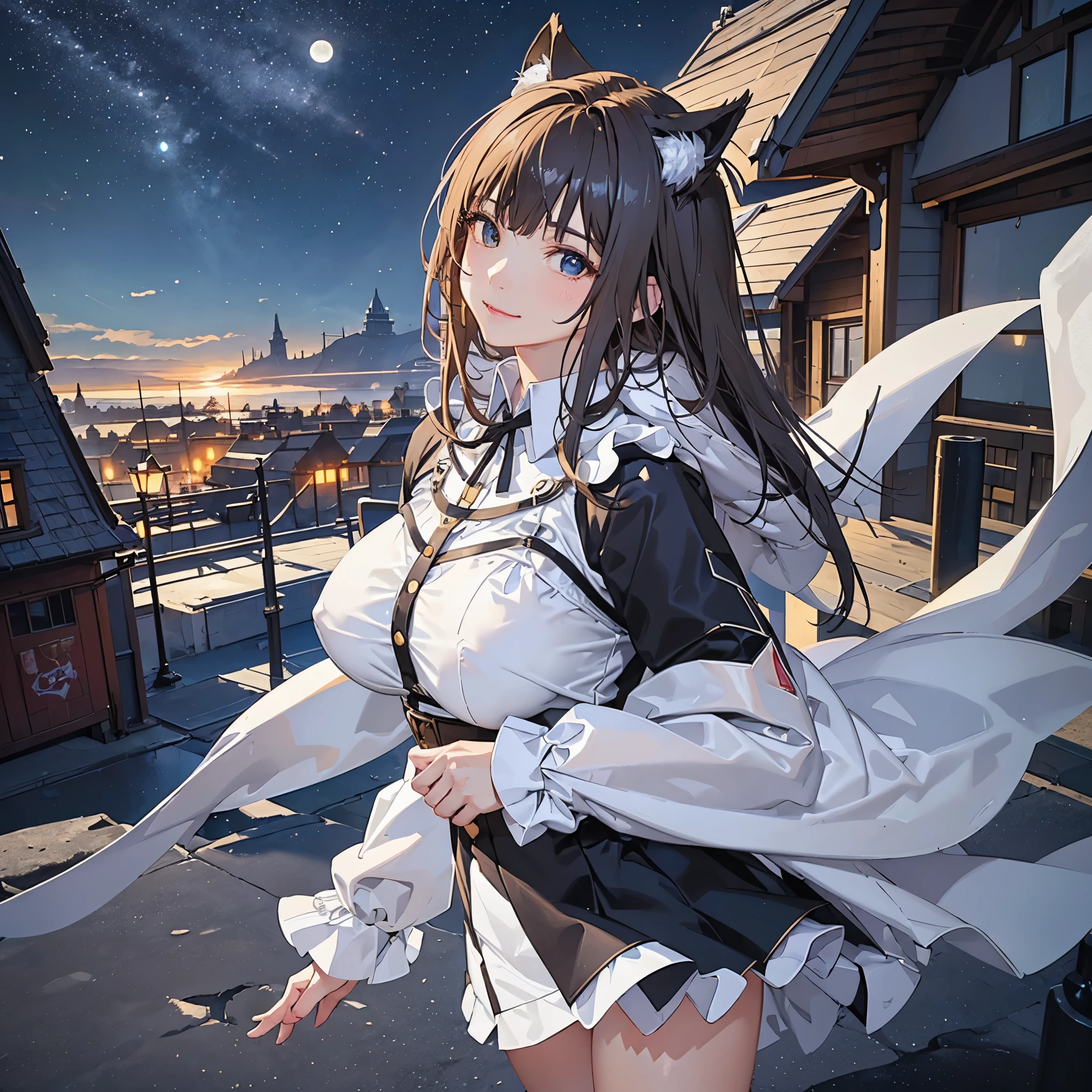 (high quality、8K、ultra hd,dark fantasy,Anime girl with long hair and cat ears standing in front of the earth, The background is buildings from the moon world.、mysterious、Smile、)、Nightcore, very beautiful anime cat girl, Beautiful anime cat girl, Perfect build、progressive house、by Yan J, Trending on ArtStation pixiv、digital painting、concept art、3D lighting、metal reflection、2D rendering、art germ、ArtStat Trends