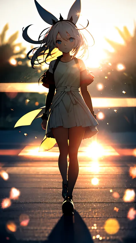 a girl, full body, sun glare, bokeh, depth of field, blurry background, light particles, strong wind,