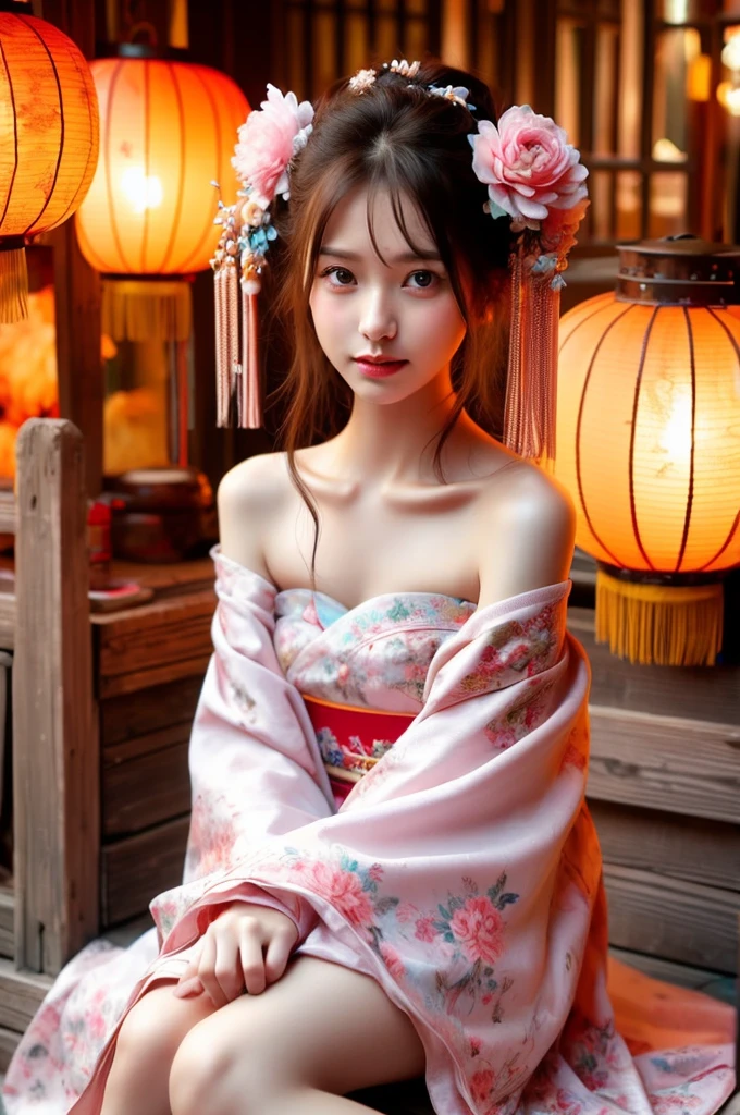 hands_, realistic,
1girl, brown hair, hair ornament, lantern, solo, sitting, paper lantern, long hair, brown eyes, realistic, hair bun, bare shoulders, flower, hair flower, chinese clothes, looking at viewer, japanese clothes, double bun, kimono, lips
((washÂ  painting)),((inkÂ  s...,