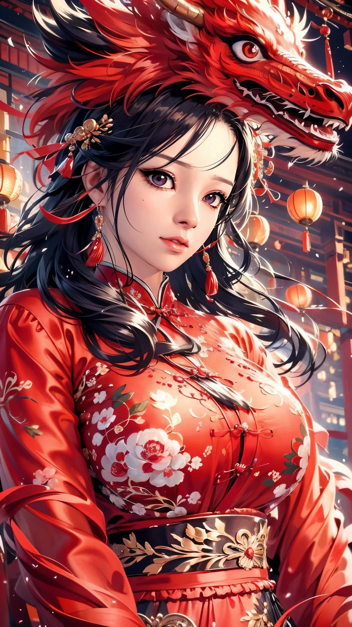 （（（Perfect figure，figure，red Hanfu，Winter hanfu，Chinese clothes,red clothes，red background,dragon，(Chinese fabric:1.2), Hanfu， dragon and girl，dragon hood，xuer lion head,dragon，long hair，black hair，hair accessories，Chinese clothing，lantern，Oriental dragon,（（（ailisha，Brown pupils，1girl，独奏，long black hair，Exposing bangs ））），（（（wide hips））），S-shaped figure:1.7））），((masterpiece)),high resolution, ((Best quality at best))，masterpiece，quality，Best quality，（（（ Exquisite facial features，looking at the audience,There is light in the eyes，blush，shy，Happy，laughing out loud））），（（（Light and shadow interlace，huge ））），（（（looking into camera，Sitting on a dragon）））