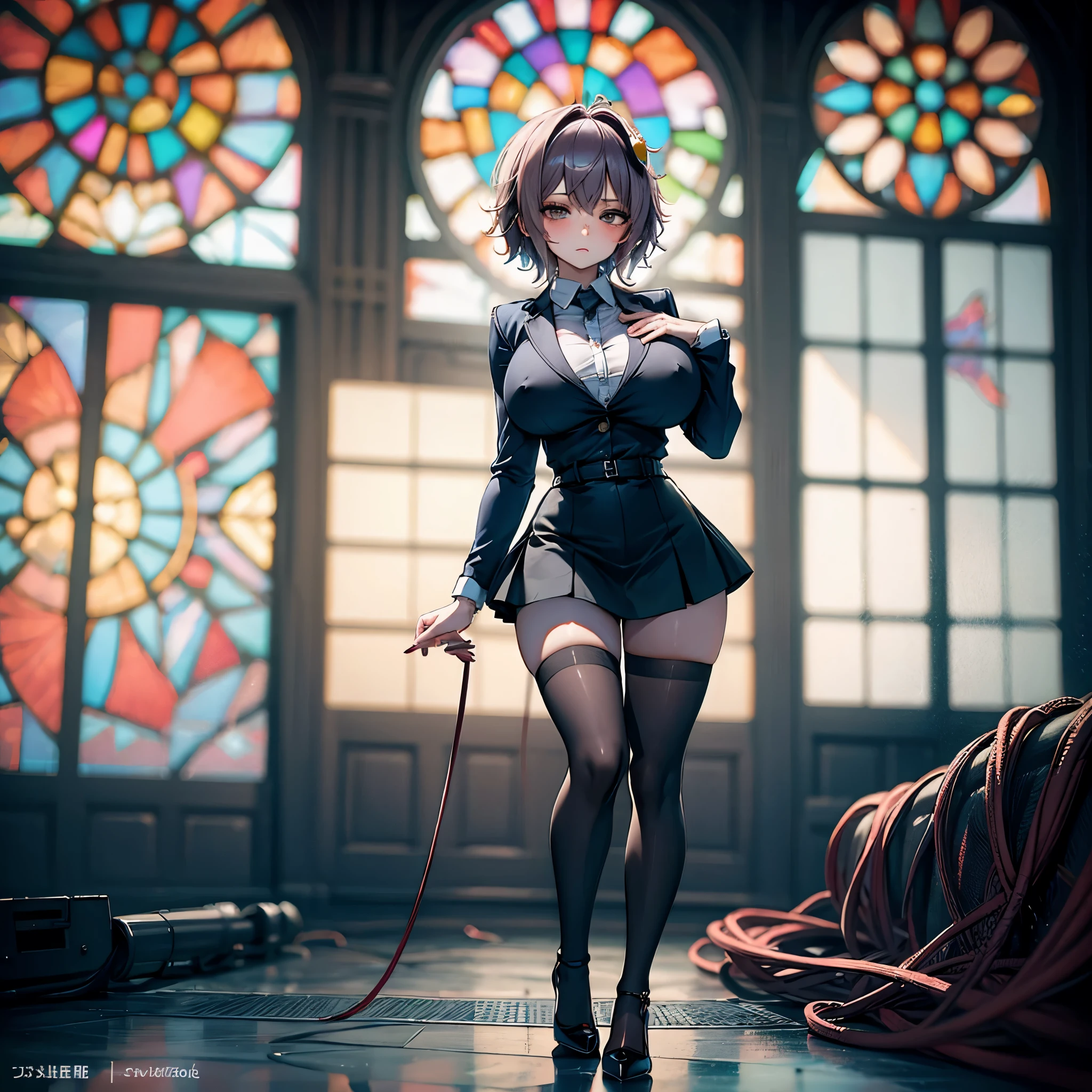 (Satori toho character:1.1), (solo), (standing), (stained glass), BREAK, short hair, (huge perky breasts), bursting breasts, (inconceivably thin waist:1.2), (very long legs), BREAK, (black blazer:1.3), (black thighhighs:1.3), (very short black high-waist skirt:1.3) cinches waist too tight, (highheels), BREAK, nose blush, BREAK, masterpiece, ultra-detailed, full body