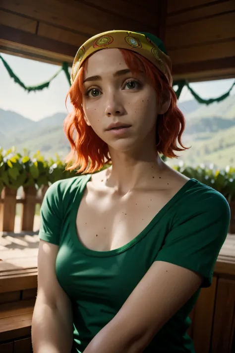 emilyrudd, nami, a woman with red hair an a green shirt wearing a bandana , nami one piece, hot look, in bedroom, vegina, adult ...