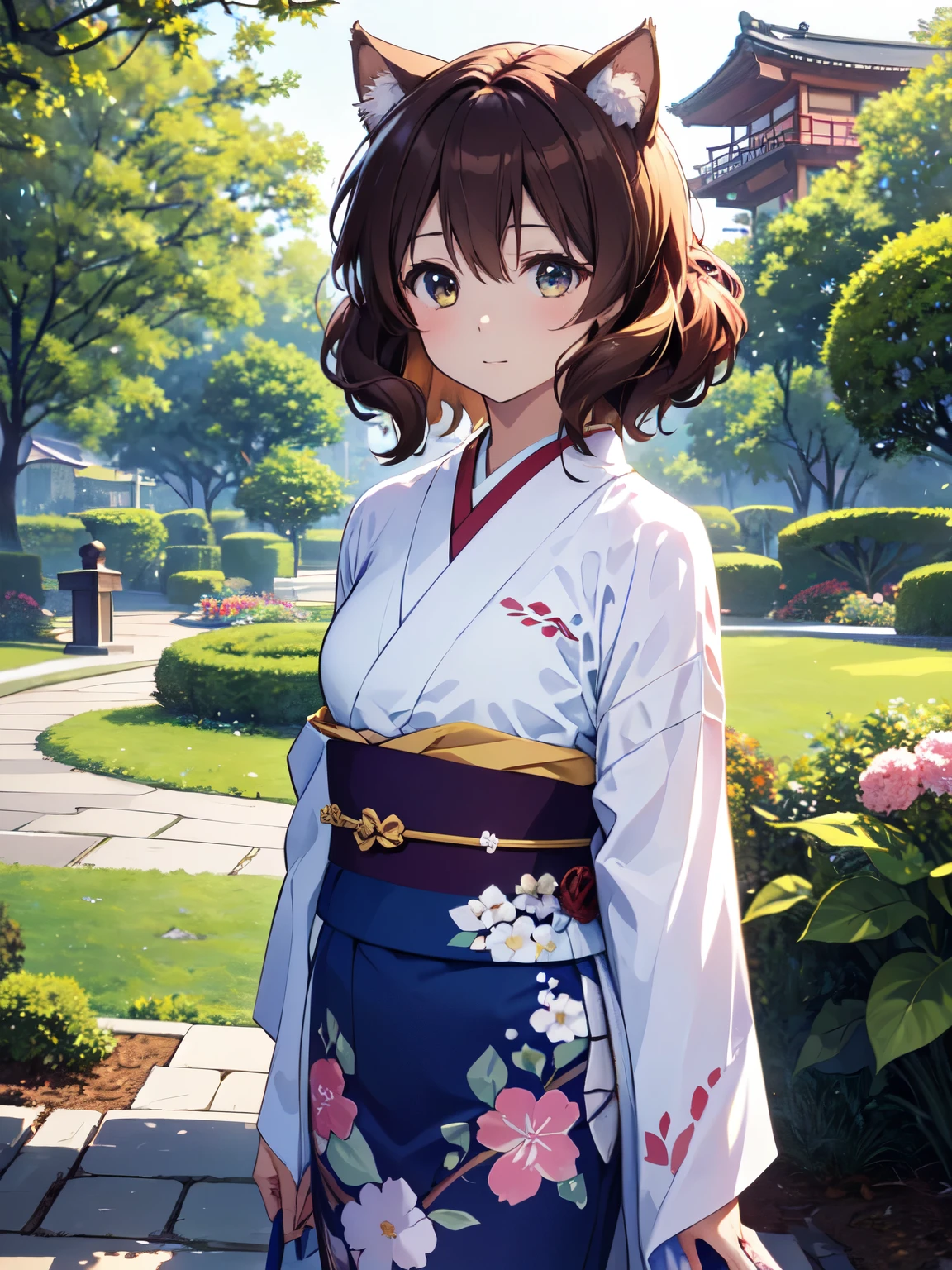 masterpiece、highest quality、very detailed、solo、three-dimensional sense、realistic、Kumiko,garden、realistic,1 girl、beautiful flower々満開のgarden、Cat ear、Kimono from the Taisho era in Japan、white color kimono、in the same way、Big front＿Kumiko,absolute reference to center