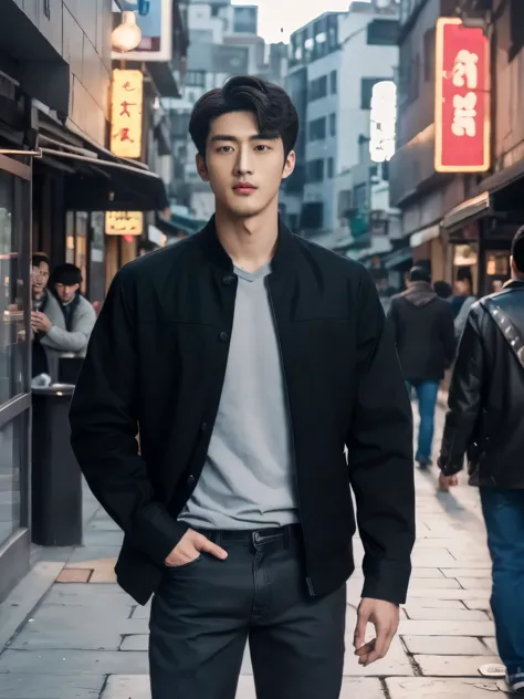 arafed man in a black jacket and jeans standing on a sidewalk, inspired by Zhang Han, south korean male, jinyoung shin, kim doyo...