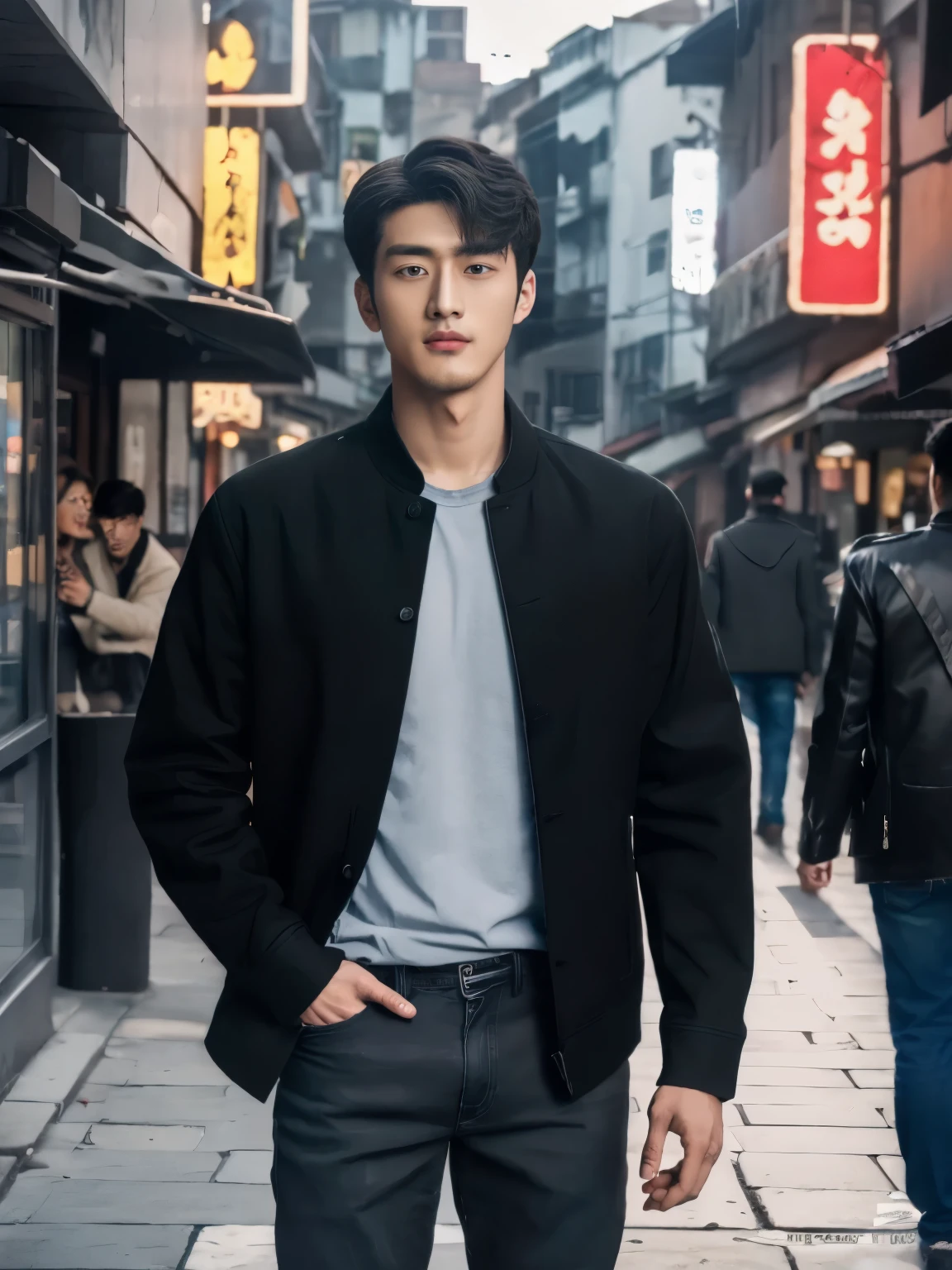 Homem de jaqueta preta e calça jeans em pé na calçada, inspired por Zhang Han, homem sul-coreano, Jinyoung Shin, Kim Doyoung, cai xukun, Ulzzang ruim, Jung Jaehyun, Ryan Jia, um homem bonito，cabelo curto preto, Lindo Chad Chin, por Zhang Han, Yanjun Chengt, inspirado por Zhou Chen