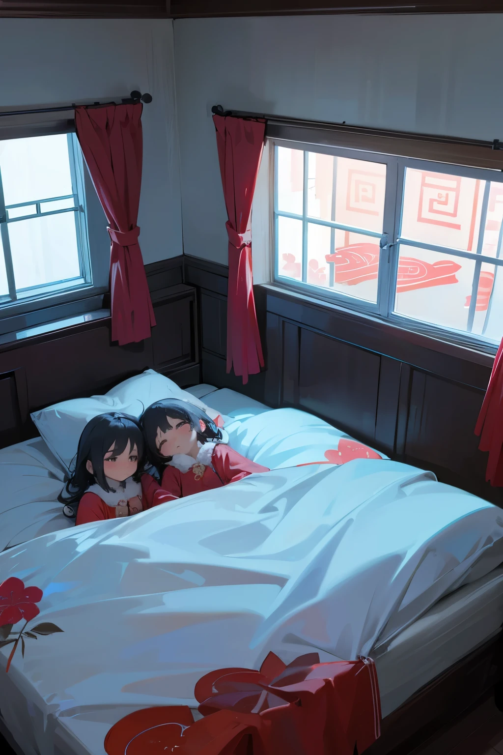 Escena anime de dos chicas acostadas en la cama con cortinas rojas - SeaArt  AI