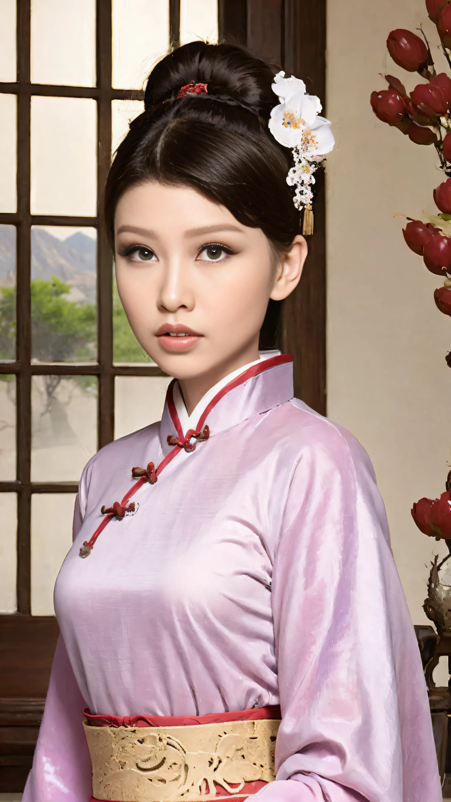 1 mannequin femme de 18 ans [[[[Fermer]]]], [[[[]]]], [[[[cou]]]], [[[[épaule]]]], yeux parfaits, Iris parfait，lèvres parfaites，Des dents parfaites，peau parfaite，peau blanche，Phare souple，Examen de l&#39;imagerie haute densité，fille，((Costume chinois ancien rose lilas))，((coiffure chinoise))，Le fond est une décoration intérieure chinoise ancienne，Devant la fenêtre se trouvent des arbres verts et des montagnes，qualité， chef-d&#39;œuvre， ultra haute résolution，（réaliste： 1.4）， Photo originale，（超级réaliste细节））， best qualité，（couleurs pastel：1.2）