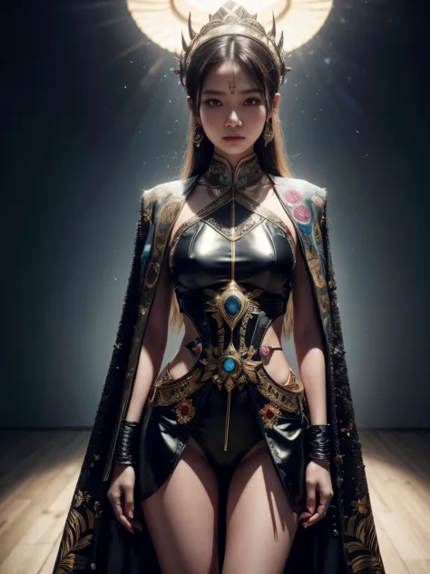 an indonesian-styled futuristic suit worn by a girl depicting cultural fusion and modern fashion. the suit is adorned with intri...