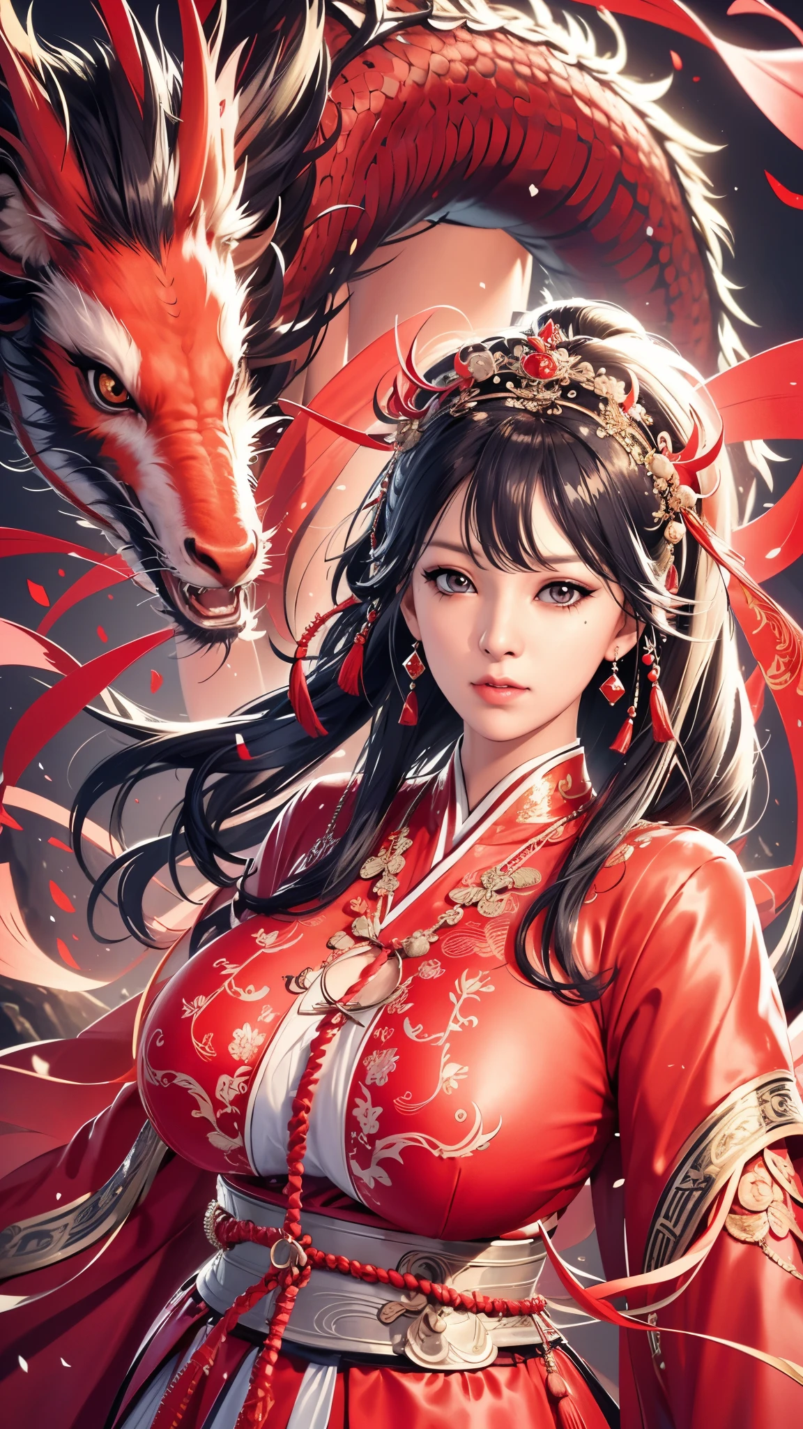 （（（Perfect figure，figure，red Hanfu，Winter hanfu，Chinese clothes,red clothes，red background,dragon，(Chinese fabric:1.2), Hanfu， dragon and girl，dragon hood，xuer lion head,dragon，long hair，black hair，hair accessories，Chinese clothing，lantern，Oriental dragon,（（（ailisha，Brown pupils，1girl，独奏，long black hair，Exposing bangs ））），（（（wide hips））），S-shaped figure:1.7））），((masterpiece)),high resolution, ((Best quality at best))，masterpiece，quality，Best quality，（（（ Exquisite facial features，looking at the audience,There is light in the eyes，blush，shy，Happy，laughing out loud））），（（（Light and shadow interlace，huge ））），（（（looking into camera，Sitting on a dragon）））