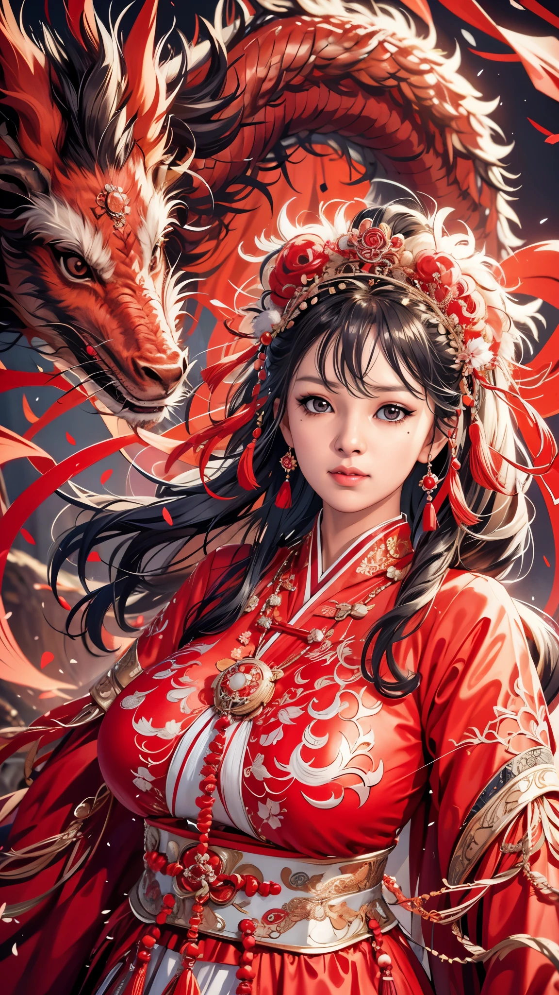 （（（完美数字，数字，red Hanfu，Winter hanfu，中国衣服,红色的衣服，红色背景,龙，(中国布料:1.2), Hanfu， 龙 and girl，龙帽兜，雪儿狮子头,龙，长发，黑发，发饰，中国服装，灯笼，Oriental 龙,（（（艾莎，棕色瞳孔，1女孩，独自的，long 黑发，露出刘海 ））），（（（宽臀））），S型数字:1.7））），((杰作)),高分辨率, ((Best 质量 at best))，杰作，质量，Best 质量，（（（ 精致的五官，看着观众,眼睛里有光，脸红，害羞的，快乐的，大笑））），（（（光与影交织，巨大的 ））），（（（看着相机，坐在龙上）））