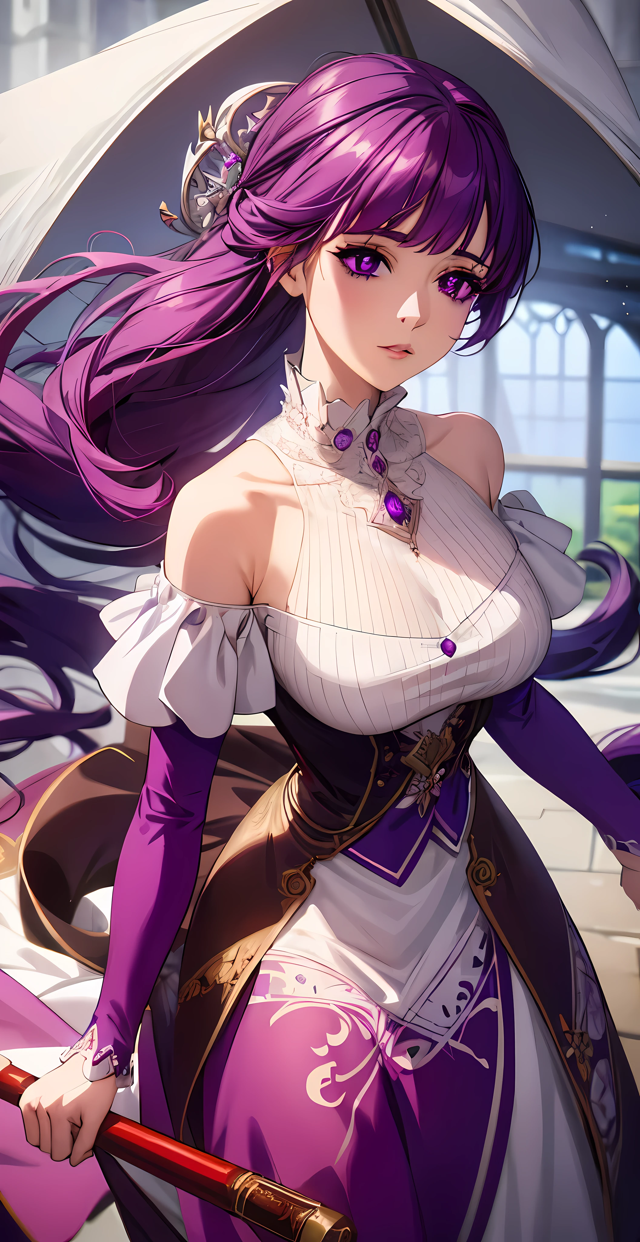 mulher com vestido branco e cabelo roxo, olhos roxos extremamente detalhados, feminino, alto detalhe, ilustração de anime,  Arte detalhada de alta qualidade 8k, linda sedutora, pose elegante real