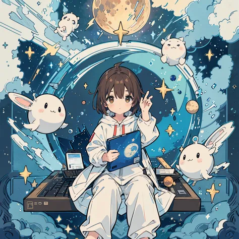 A 5-year-old brown-haired boy wearing white pajamas is programming using a computer. Stuffed rabbit, space, planets, moon, stars...