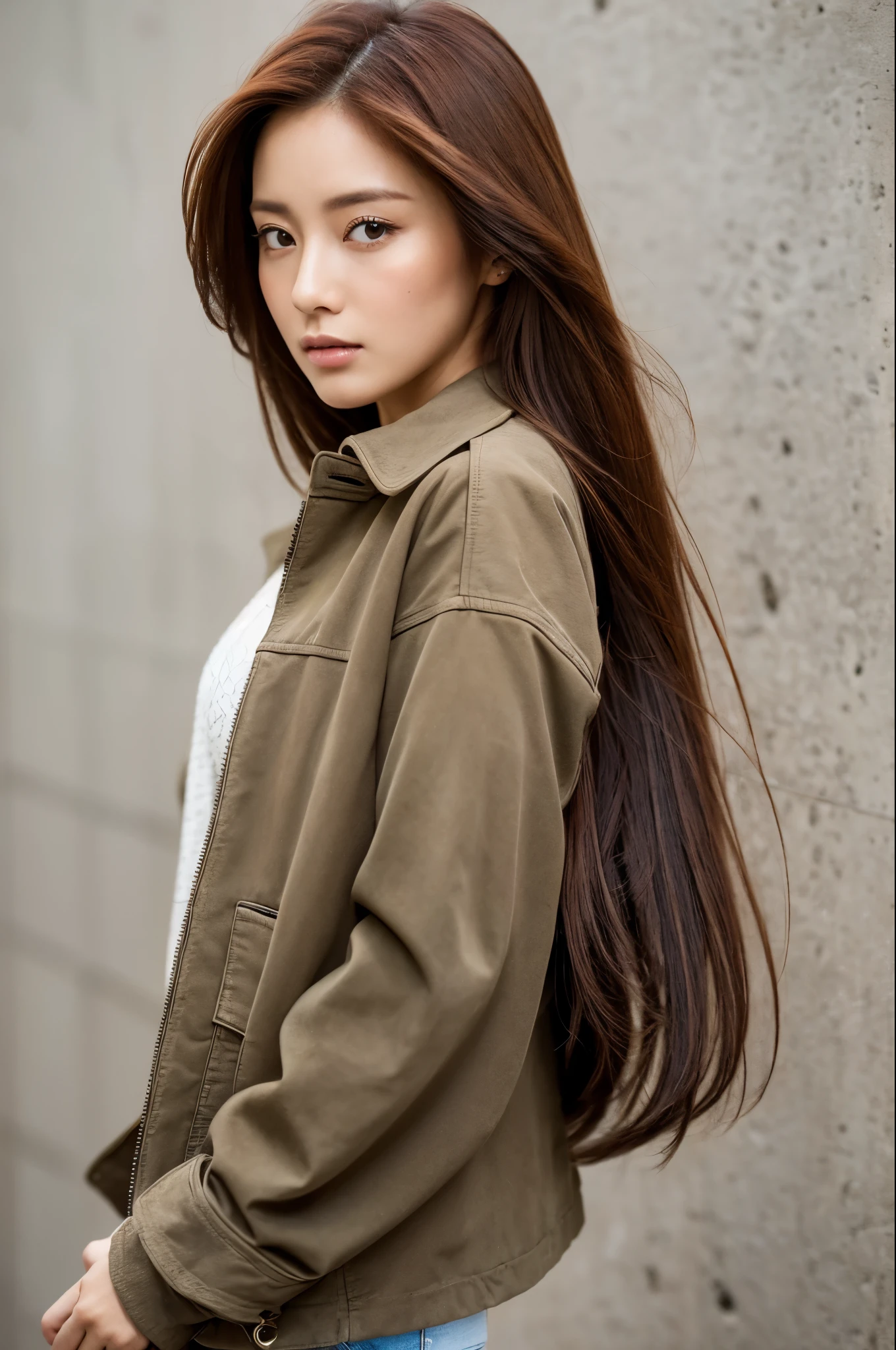 top quality, 1 beautiful woman, 28 years old, s, 35mm lens, f/1, Cowboy shot, Concrete background、Tile background、medium straight hair、riders jacket　shirt、light reddish brown hair、from side、realistic eyes,spread legs