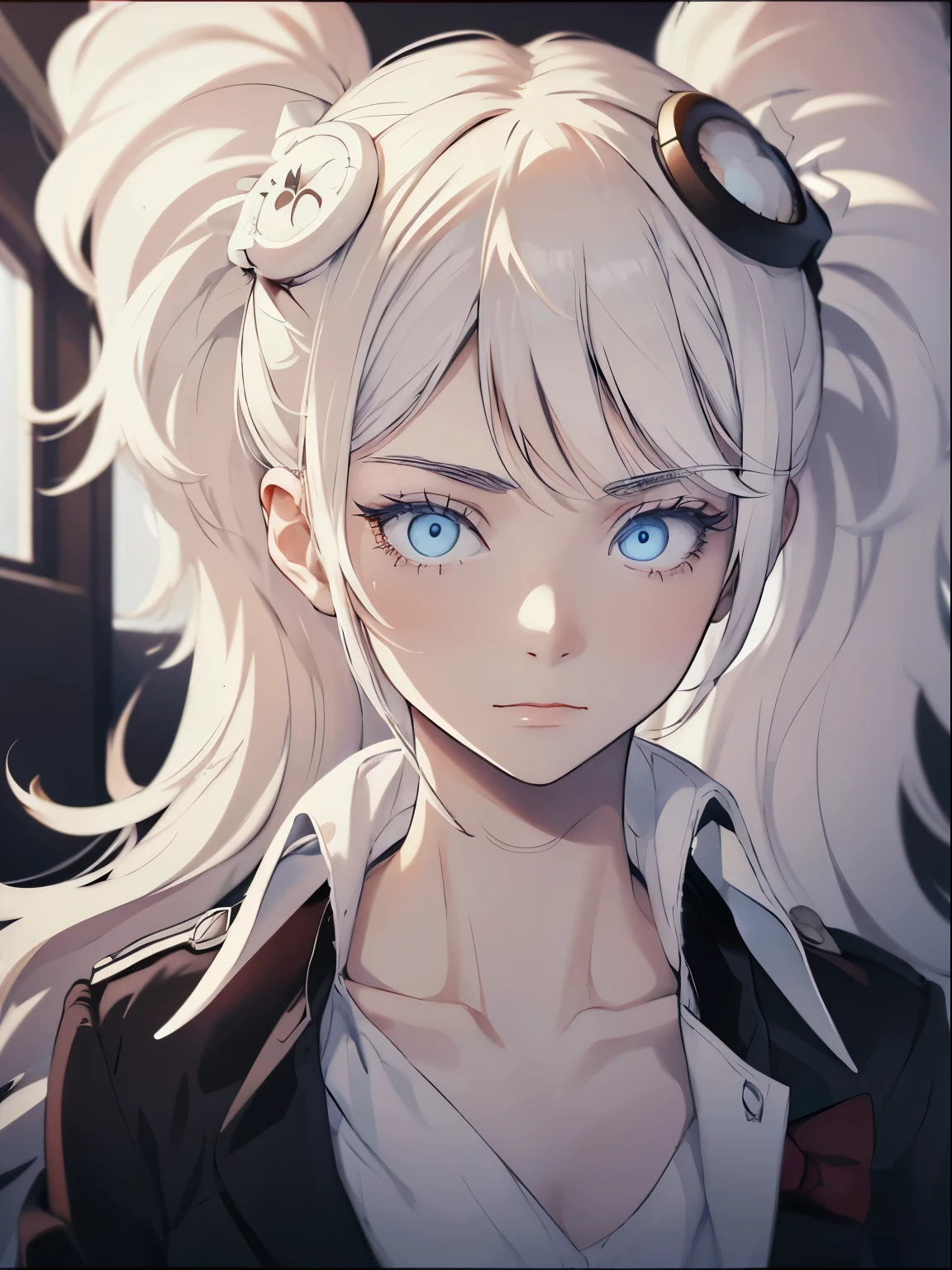 Woman, age 18, white hiar, hair bun, wears round sunglasess, white eyebrows, white eyelash, white eyelashes, albino, detailed eyes, glowing eyes, galaxy eyes, wearing black shirt, black clothing, in classroom, school, high quality, 4k resolution, anime