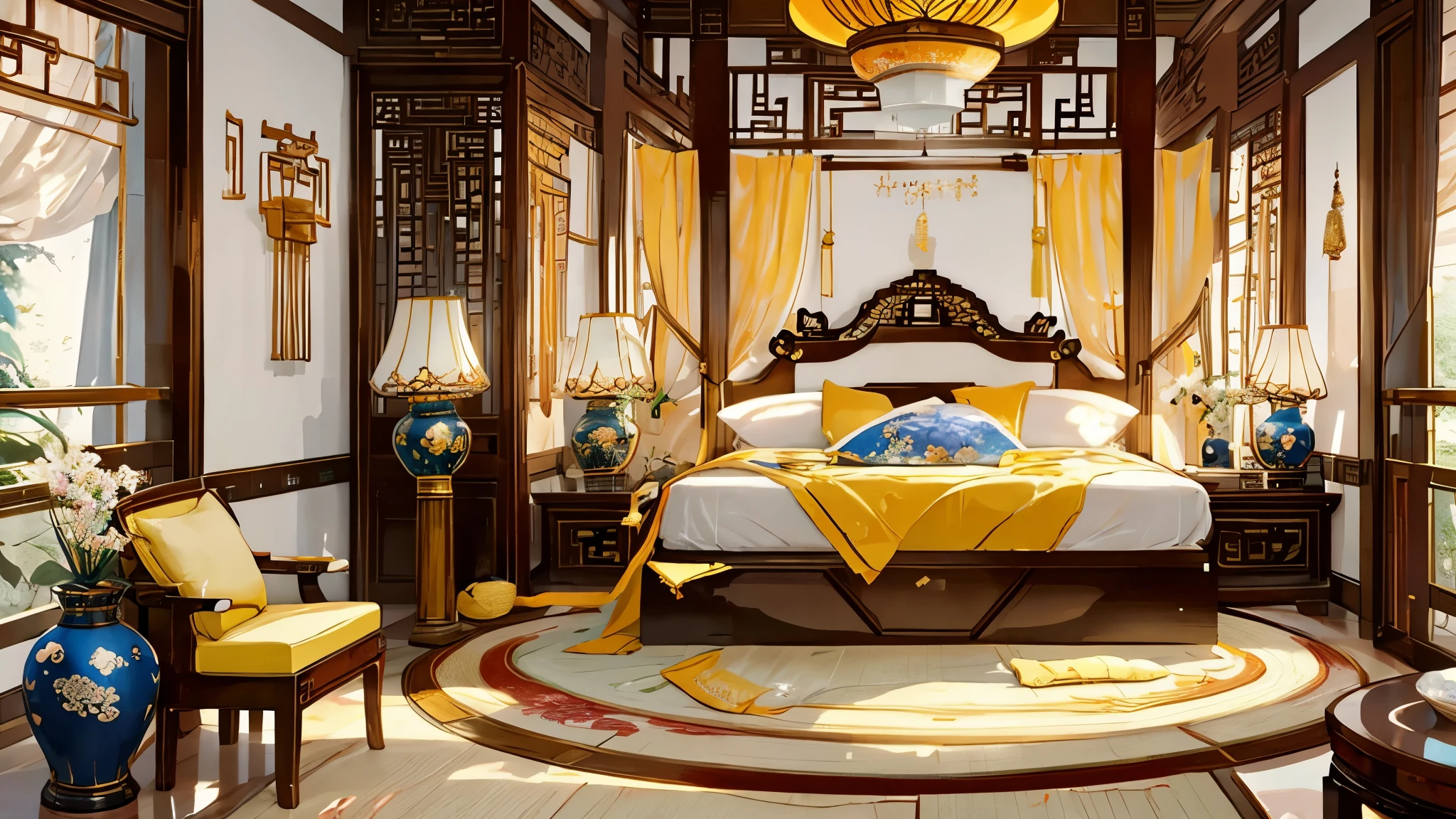 (masterpiece, best quality, highres, ultra-detailed), chinese style, a yellow bedroom, grand bed, silk canopy, embroidered fabrics, side tables, flower, porcelain vases, plush carpets, antique interior design, Chinese home furnishings, spacious and airy chamber, heavenly lanterns, intricate details, detailed interior, no humans, xianxia illustration, elegance atmosphere, serenity, no humans, view from afar