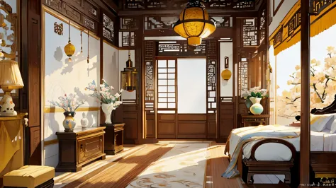 (masterpiece, best quality, highres, ultra-detailed), chinese style, a yellow bedroom, grand bed, silk canopy, embroidered fabri...