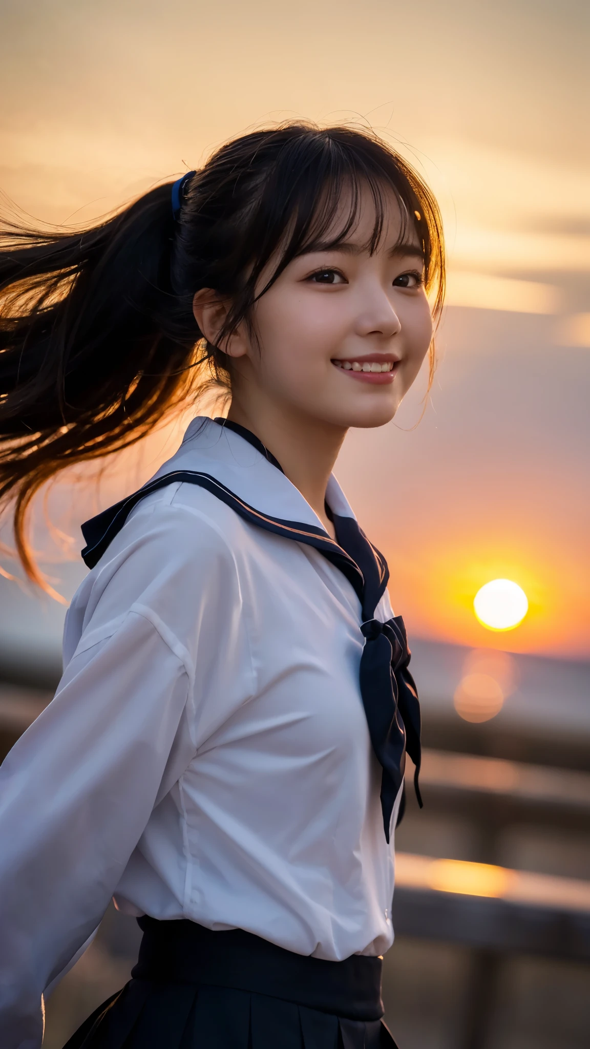 (highest quality,masterpiece:1.3,ultra high resolution),(Super detailed,caustics,8k),(photorealistic:1.4,RAW shooting),(A girl turning around with a smile),(buckshot),18-year-old,Japanese,cute,black short ponytail,(hair blowing in the wind),sailor suit,(Skirt in the wind),(face focus),(Face close-up),(low position:1.4),(low angle full body shot:1.4),Backlight,sunset,sunset sky,