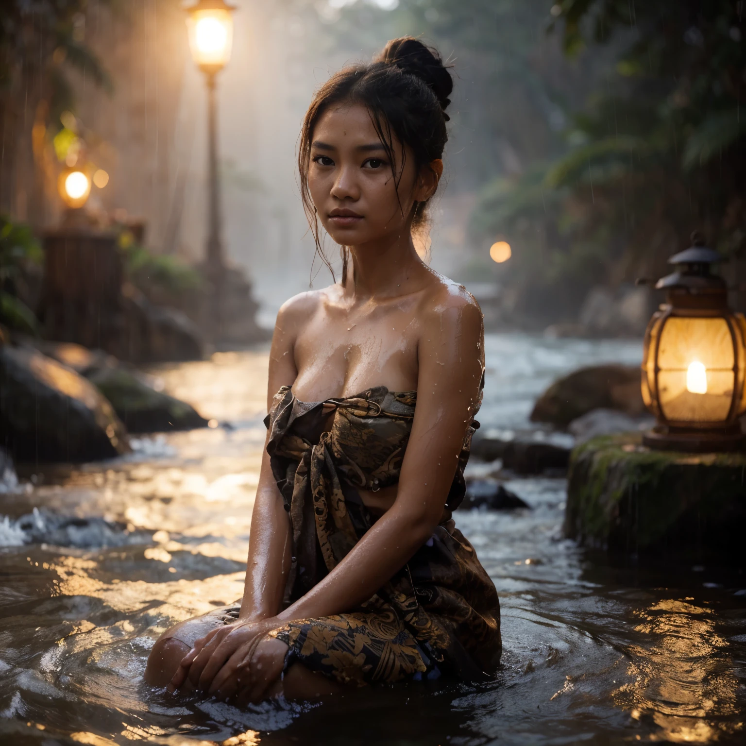 evening, drizzling rain, backlight, naturally beautiful Indonesian Javanese girl, 16 years old, detailed face, moist shiny skin, slightly tangled hair tied in a bun, having bath on a river wearing only short batik faded sarong, showing her wet beauty breast, and brown nipples, satisfy expression, the atmosphere is dimly lit, there is only 1 traditional lantern, clear river flows, naturally rocky. hyper realistic photos. Photo taken with Fujifilm XF 56mm f/1.2 R Lens. 35mm, high detailed, wallpaper quality, good anatomy, body, hand & fingers (lora:add_detail:0.8)