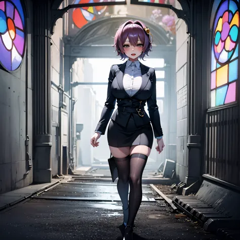 (Satori toho character:1.1), (solo), (standing), (stained glass), BREAK, short hair, (huge perky breasts), bursting breasts, (in...
