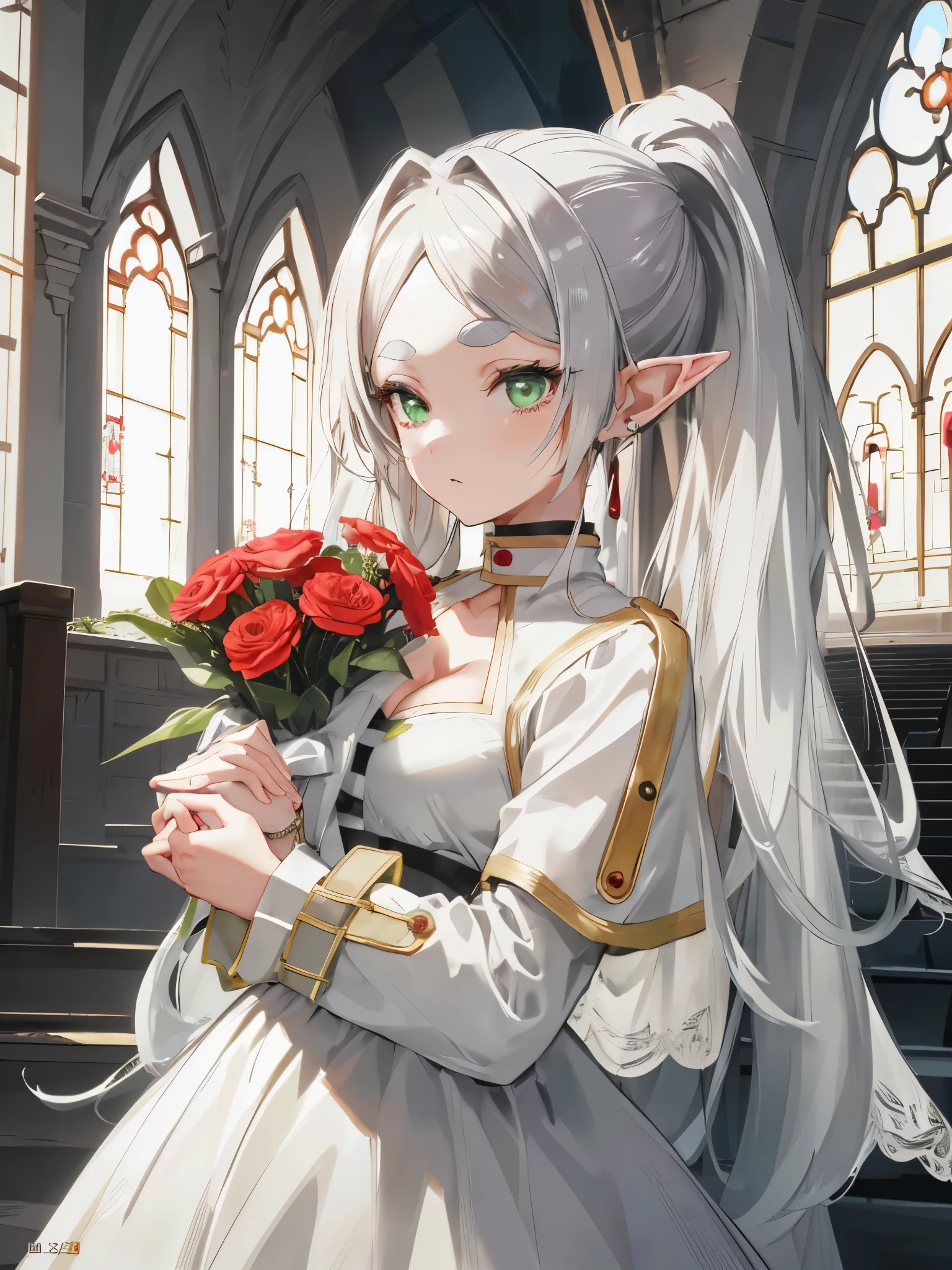 1 girl,alone,goblin,gray hair,gray hair,earri, pointed ears,long hair,ponytail,green eyes,twin tails,parted ba ticker,thick eyebrows, cleavage,perfect eyes, perfect face,expressive eyes, looking at the viewer, official art,Highly detailed CG Unity 8K wallpaper, perfect lighting,colorful, bright_front_face_lit,shiny skin, High resolution,masterpiece,highest quality, ,1 girl, alone, hair flower, wedding d again ss, Holding a bouquet of flowers in your hands, Chacha, 笑face, church, white bridal veil, Wedding dress, wedding style, pointed ears,