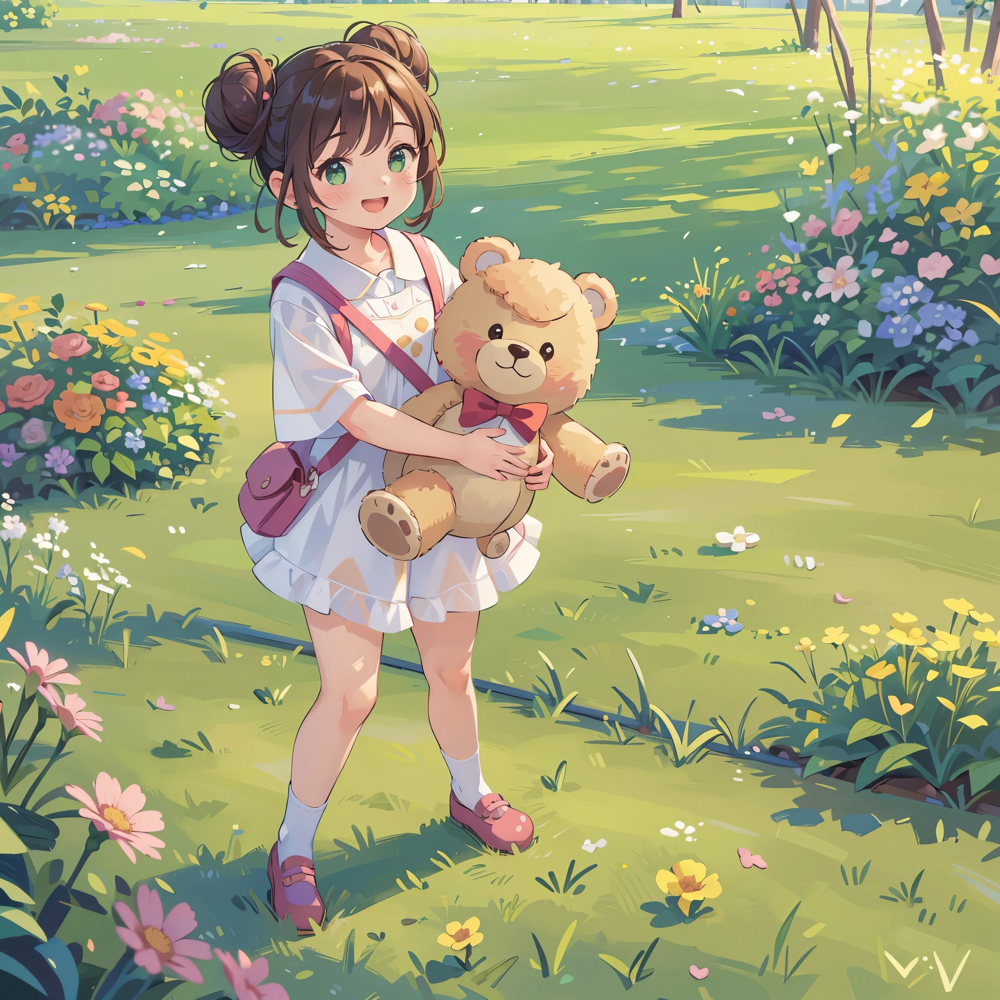 (best quality,4k,8k,highres,masterpiece:1.2),ultra-detailed,(realistic,photorealistic,photo-realistic:1.37),Illustration,Octane Render,morning park,a  walking with a teddy bear, the girl has a bun hairstyle and a smiling face, vibrant colors, soft sunlight, beautiful flowers, green grass, playful atmosphere, peaceful environment,detailed textures, vibrant colors, cute teddy bear outfit, joyful expression