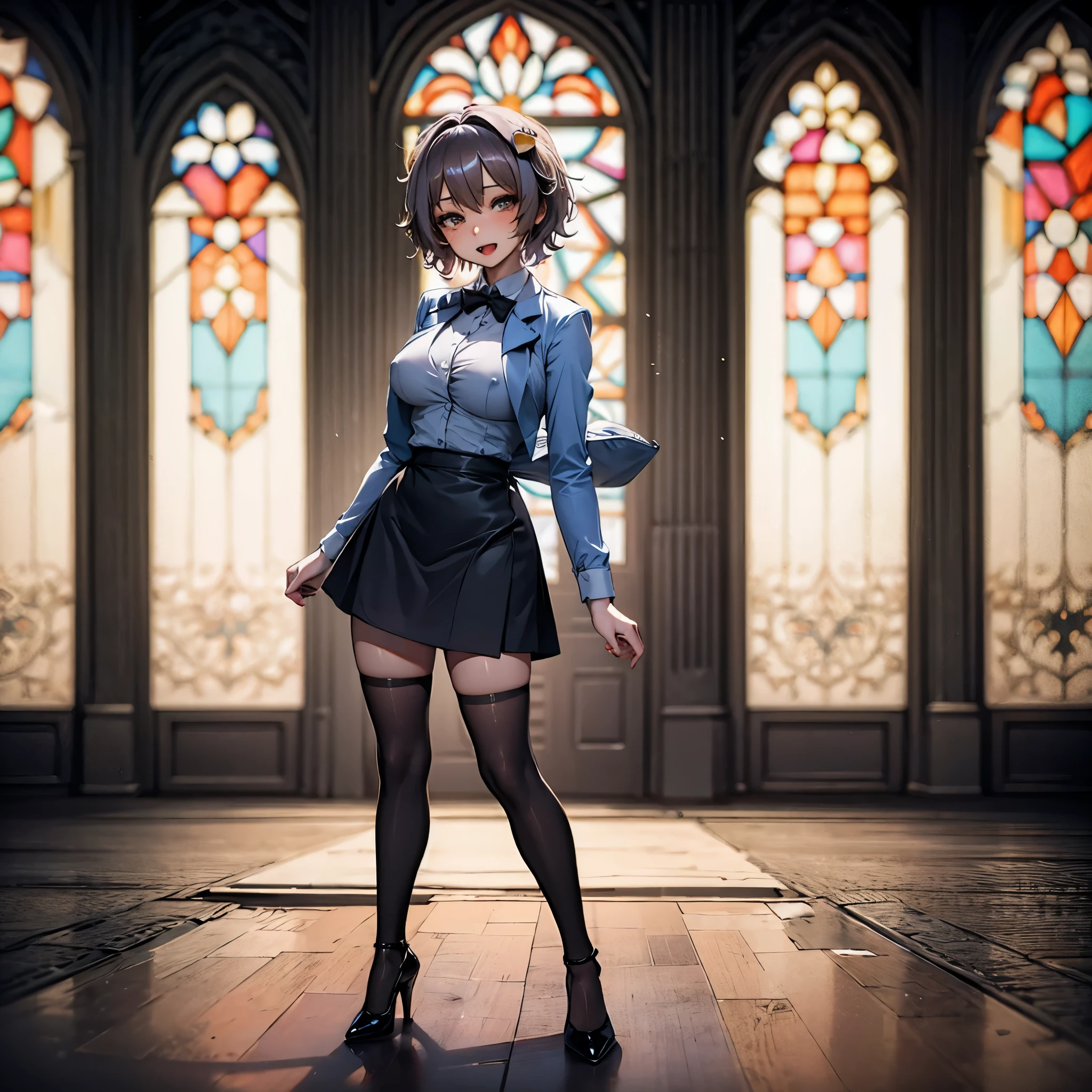 (Satori toho character:1.1), (solo), (standing), (stained glass), BREAK, short hair, (large perky breasts), (very short torso), (inconceivably thin waist:1.2), (very long legs), BREAK, (black blazer:1.3), (black thighhighs:1.35), (very short black high-waist skirt:1.3) cinches waist too tight, (highheels), BREAK, nose blush, sad smile, open mouth, BREAK, masterpiece, ultra-detailed, full body
