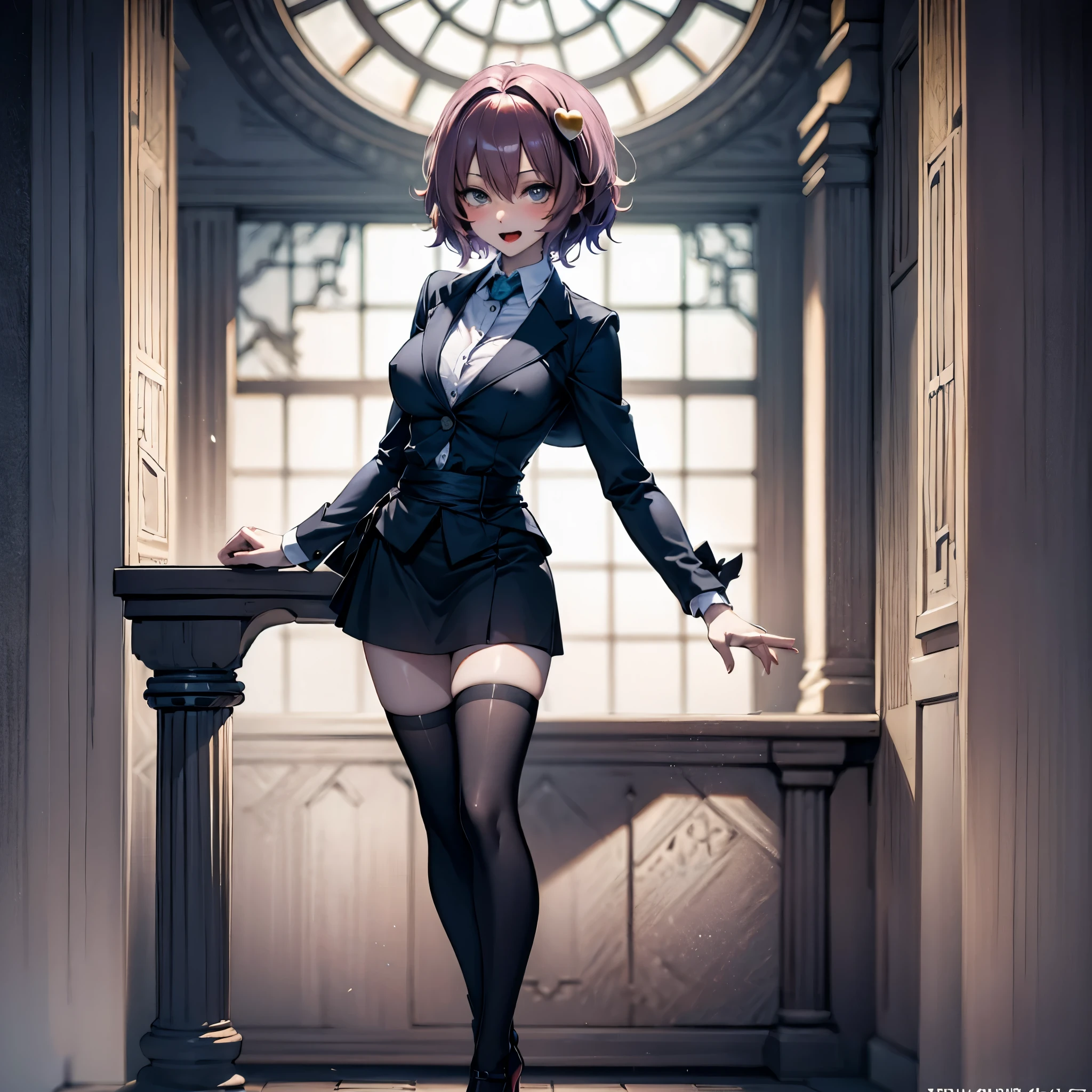 (Satori toho character:1.1), (solo), (standing), (stained glass), BREAK, short hair, (large perky breasts), (inconceivably short torso), (inconceivably thin waist:1.2), (very long legs), BREAK, (black blazer:1.3), (black thighhighs:1.35), (very short black high-waist skirt:1.3) cinches waist too tight, (highheels), BREAK, nose blush, sad smile, open mouth, BREAK, masterpiece, ultra-detailed, full body