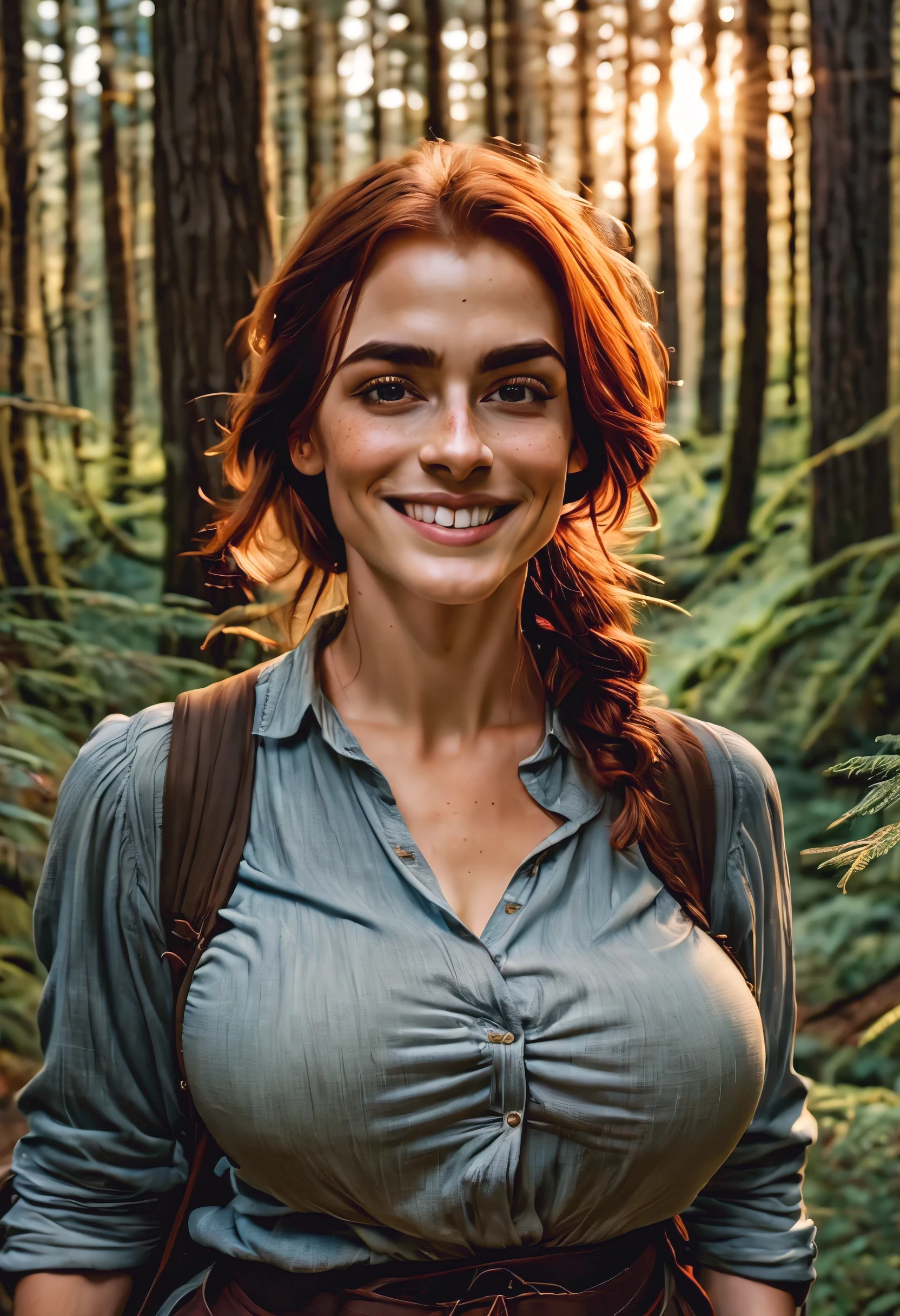 a beautiful woman in a dark evergreen forest, ancient forest, hiking up a woodland path, carrying a backpack, she has reddish-brown hair, light skin and freckles, strong black eyebrows and high cheekbones, (brown eyes), downturned eyes, smiling, looking at the camera, she has a voluptuous figure and very large breasts, she's wearing a linen blouse and stonewashed blue jeans, twilight, sun is setting behind the trees
