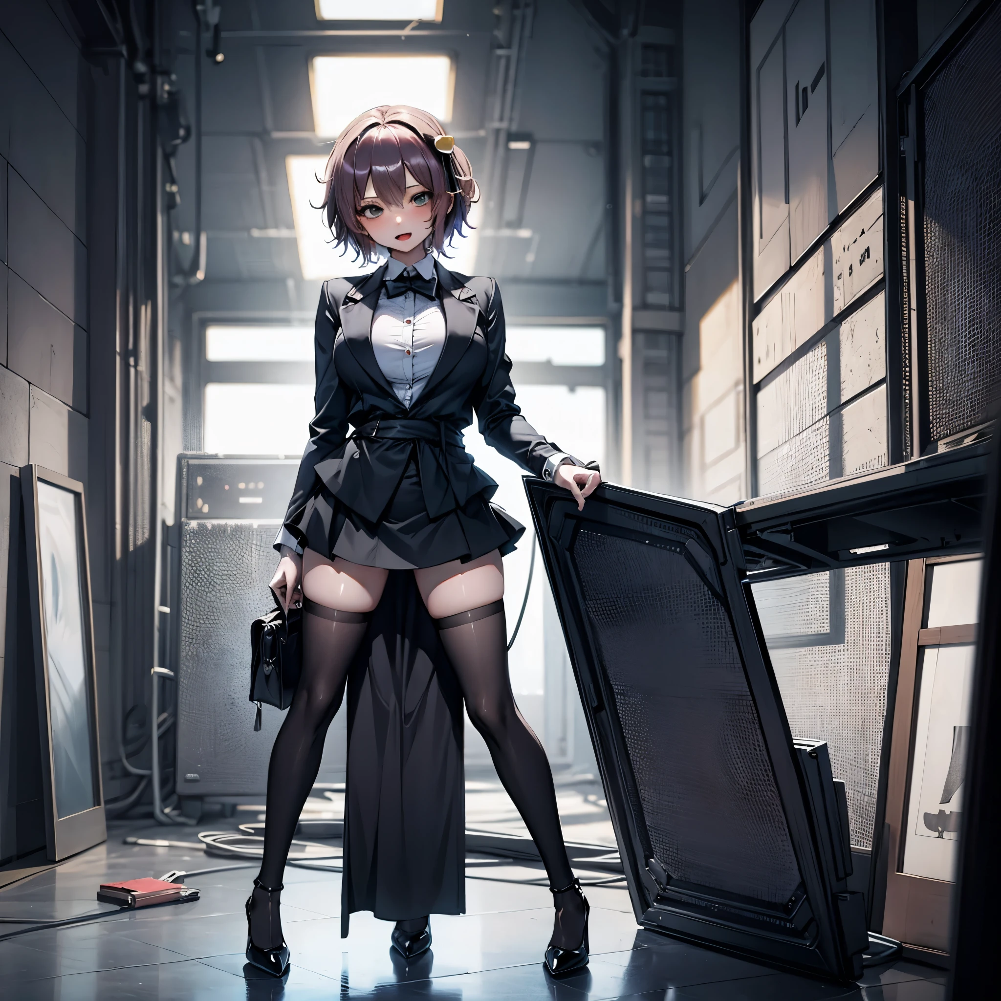 (Satori toho character:1.1), (solo), (standing), (stained glass), BREAK, short hair, (large perky breasts), (inconceivably short torso), (inconceivably thin waist:1.2), (very long legs), BREAK, (black blazer:1.3), (black thighhighs:1.35), (very short black high-waist skirt:1.3) cinches waist too tight, (highheels), BREAK, nose blush, sad smile, open mouth, BREAK, masterpiece, ultra-detailed, full body