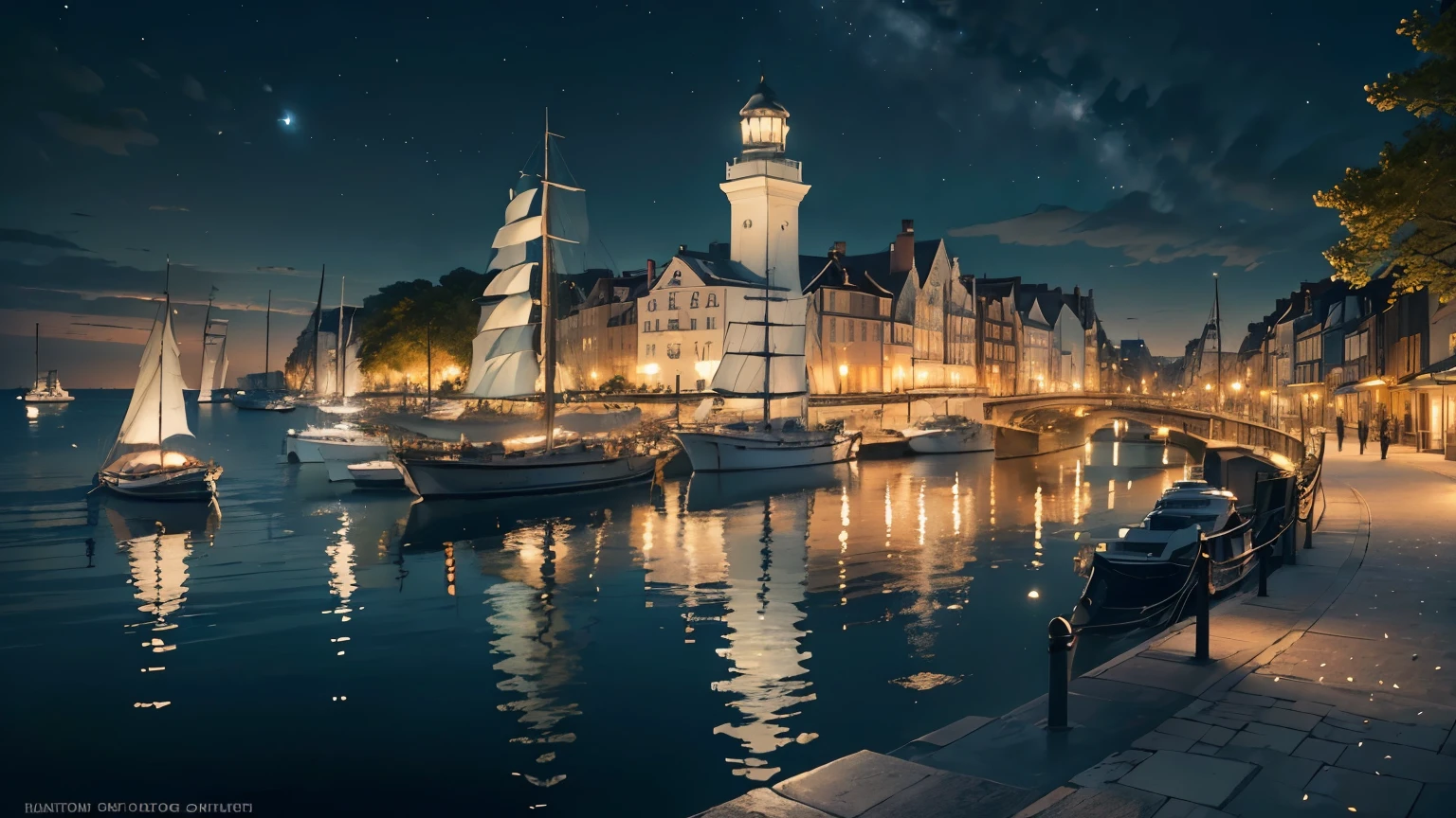 (best quality,4k,8k,highres,masterpiece:1.2),ultra-detailed,(realistic,photorealistic,photo-realistic:1.37),port city,beautiful detailed buildings,quaint streets,cobblestone,old-fashioned lampposts,serene ocean view,calm waves,glistening blue water,sailboats in the distance,seagulls soaring in the sky,vibrant blue sky,dreamlike clouds,clear atmosphere,refreshing sea breeze,historical architecture,artistic skyline,harbor with ships and yachts,dockside cafes and restaurants,lively waterfront promenade,blossoming flowers along the streets,people enjoying the outdoors,tranquil and peaceful ambiance,colorful fish swimming in the harbor,seaside park with benches and greenery,impressive lighthouse illuminating the night,romantic moonlight reflecting on the water,twinkling stars overhead,harmony of nature and city life,perfect destination for relaxation and exploration,postcard-worthy scenery.