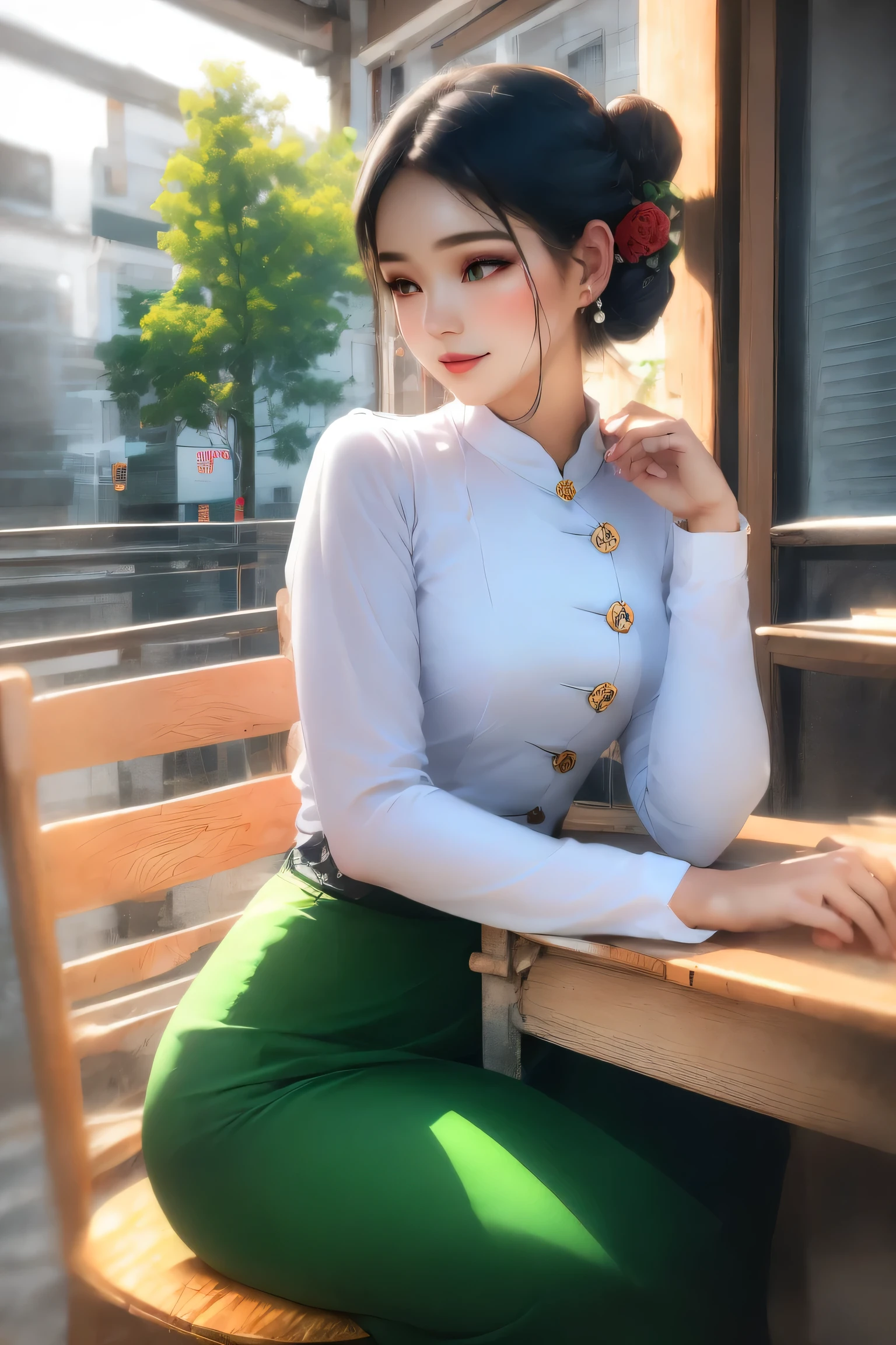 Portrait of a stunning young woman with a stylish hair bun, captivating gaze, and a warm atmosphere of a cozy coffee shop, realistic shading, fine details, exquisite lighting, digital painting, (wearing acmmsayarma outfit, acmmsayarma white top with buttons, long sleeves), ((acmmsayarma green long skirt))