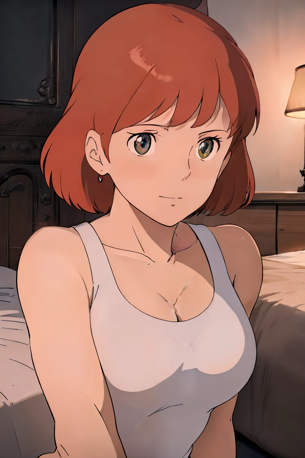 (masterpiece, best quality, high resolution, anime screencap, anime colored, 8k, photorealistic), Nausicaa, 1girl, solo, brown hair, (looking at away, cleavage), upper body, large breasts, (white tanktop), arms behind back, bed, (perfect detailed anatomy, beautiful face&eyes, beautiful skin, perfect body)