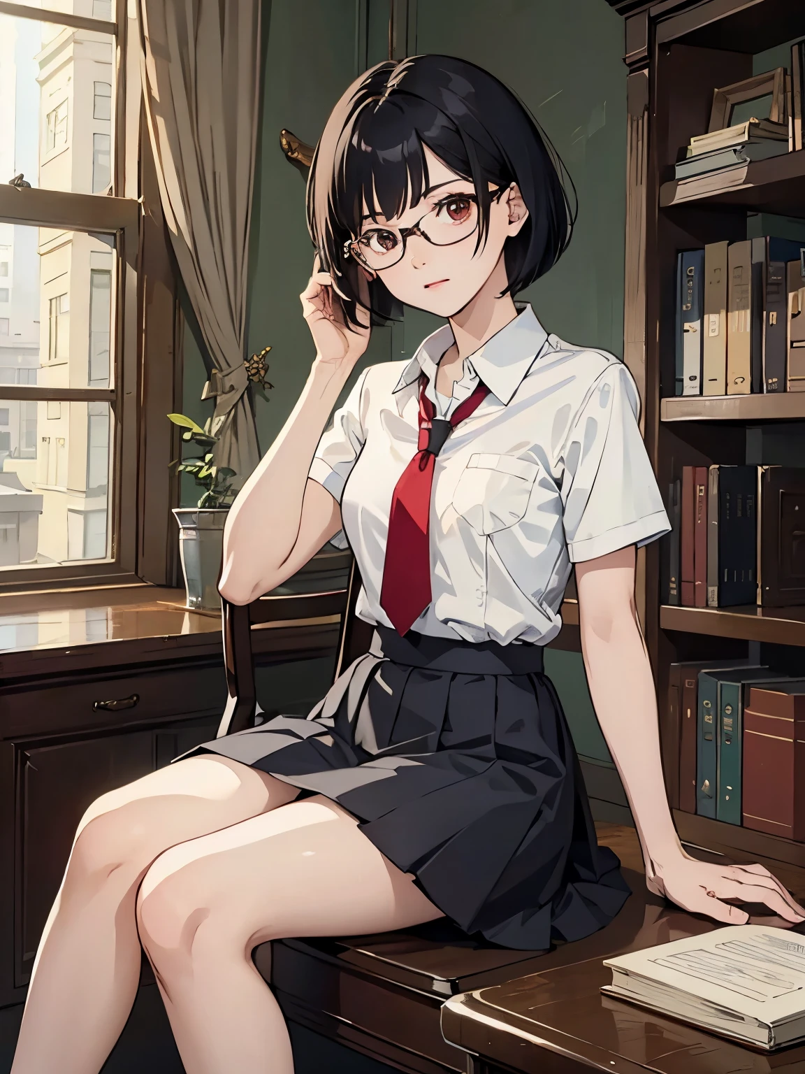 { masterpiece: best quality } { school theme } { background = in a library : books } { Character = Dahyun : fit body : short dark bob hair with smart bangs : wearing glasses : white collar shirt : red tie : black skirt } { Sitting on a chair : studying : serious face k