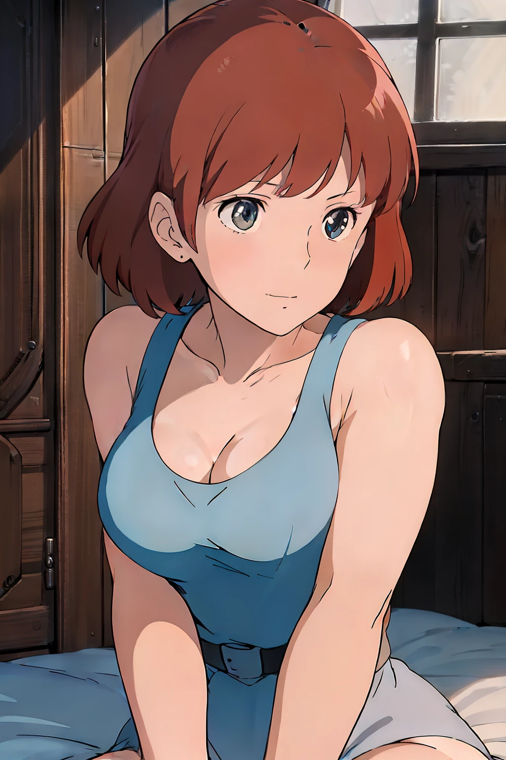 (masterpiece, best quality, high resolution, anime screencap, anime colored, 8k, photorealistic), Nausicaa, 1girl, solo, brown hair, (looking at away, cleavage), upper body, large breasts, (white tanktop), sit, bed, (perfect detailed anatomy, beautiful face&eyes, beautiful skin, perfect body)