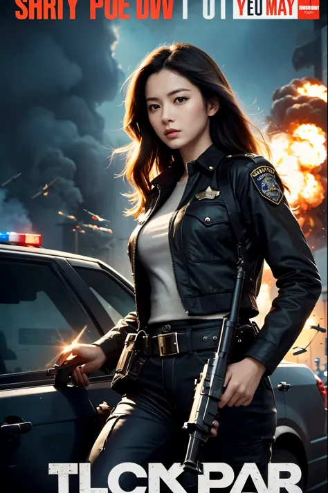 Police movie poster, beautiful woman, medium dark long hair, with big gun in hands, black clothes, rivets, explosions, cars, pla...