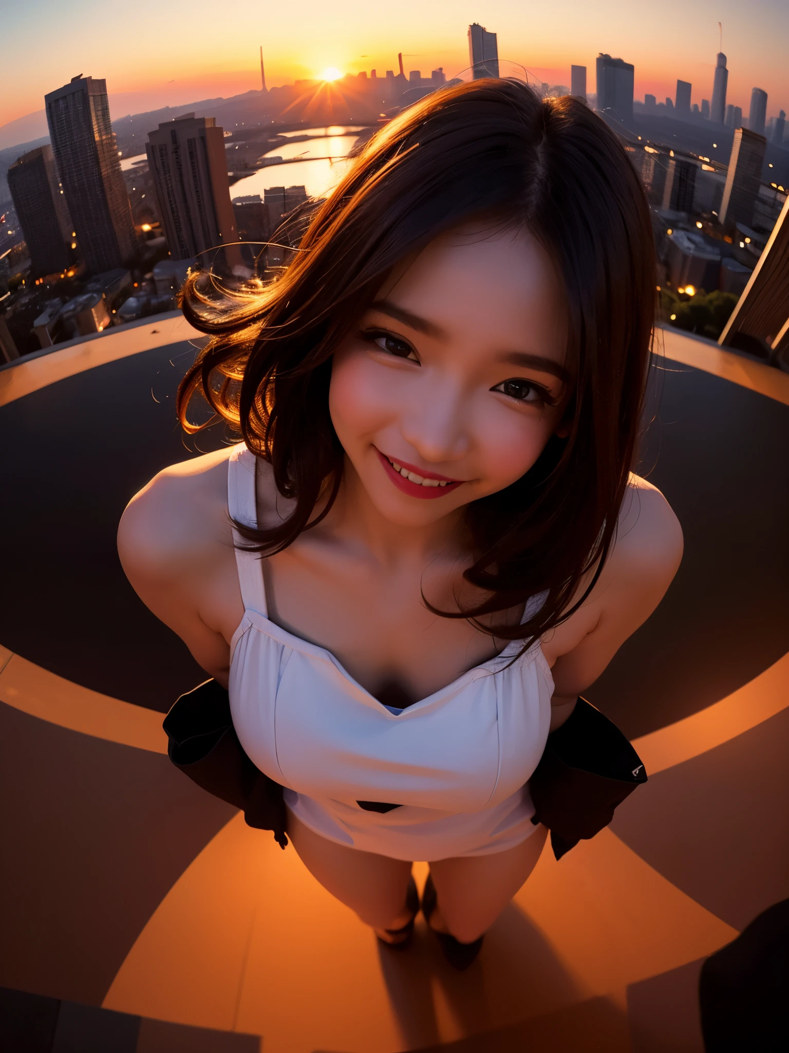 1 punk girl, fish eye, Self snap, Wind, hair is dirty, sunset, cityscape, (Aesthetics and atmosphere:1.2),smile