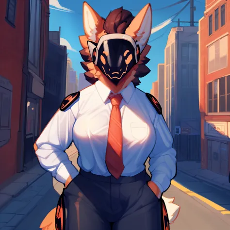 by bigcozyorca, by goonie-san, by bebebebebe, by spikedmauler, female, 1girl, solo, breasts, city street background, protogen, protogen face, protogen visor, staring down viewer, work clothes, long sleeve button up, necktie, dress pants,