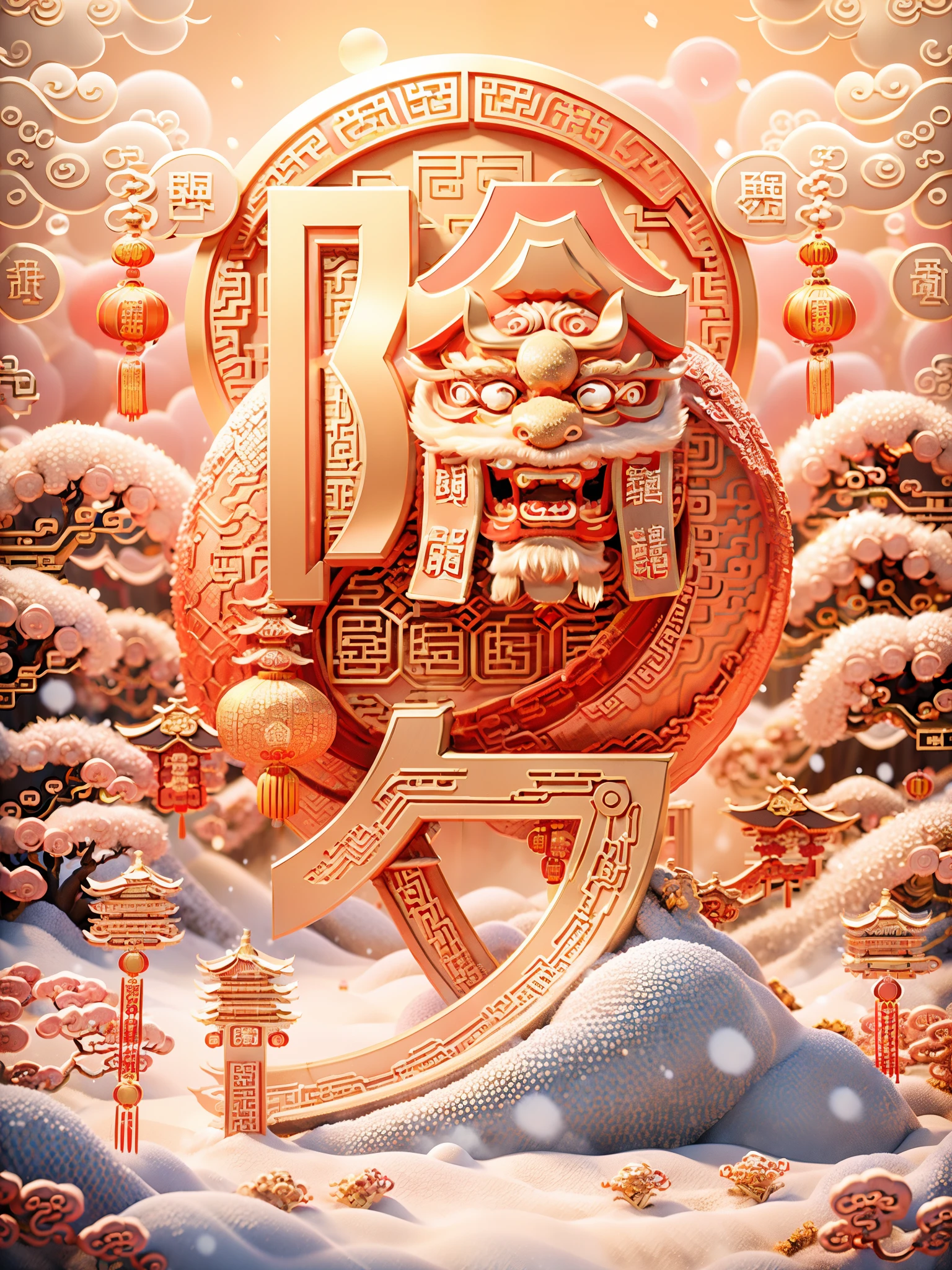 (Chinese New Year:1.5)，gold，(red)，(3D model:1.2)，festive，firecracker，(lantern)，Chinese dragon，Chinese architecture，on the ground，winter，(snow)，(bokeh effect)，trees，(china garden)，(CNY)