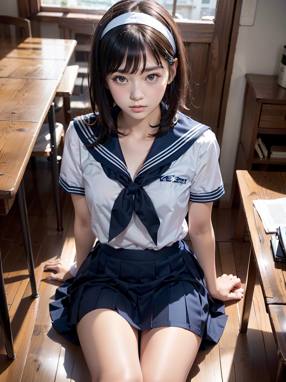 sailor suit, 8K, highest quality, masterpiece, Super detailed, ultra high resolution, realistic, RAW photo, absolute resolution, face is small compared to body, very small face, black hair,  navy blue sailor uniform, Dark blue skirt, 3D rendering, realistic young school girl, ((white headband)), small breasts, expensive, slanted eyes, (school scenery), black stockings, open your mouth, bob cut, position looking down from above, 