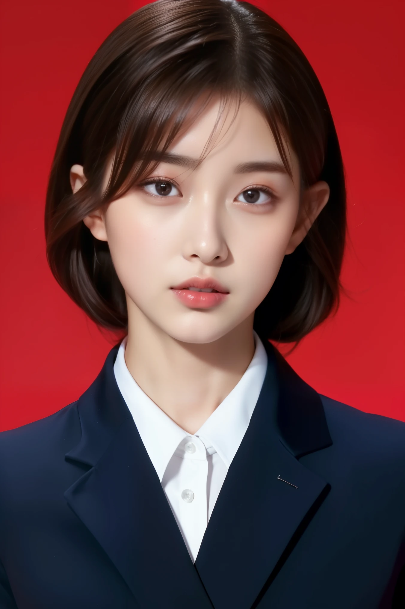 Best quality, High details, high resolution, HD, 16k,Close-up photo of shoulder length short brunette girl in suit uniform, ultraclear, Flawless and delicate face, Truly delicate skin, big breasts beautiful, Delicate and clear eyes, Look at the screen, Simple, (simple red background)