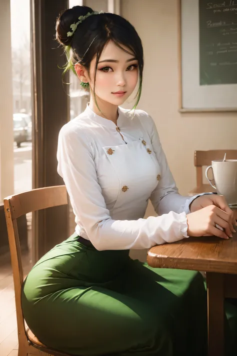 Portrait of a stunning young woman with a stylish hair bun, captivating gaze, and a warm atmosphere of a cozy coffee shop, reali...