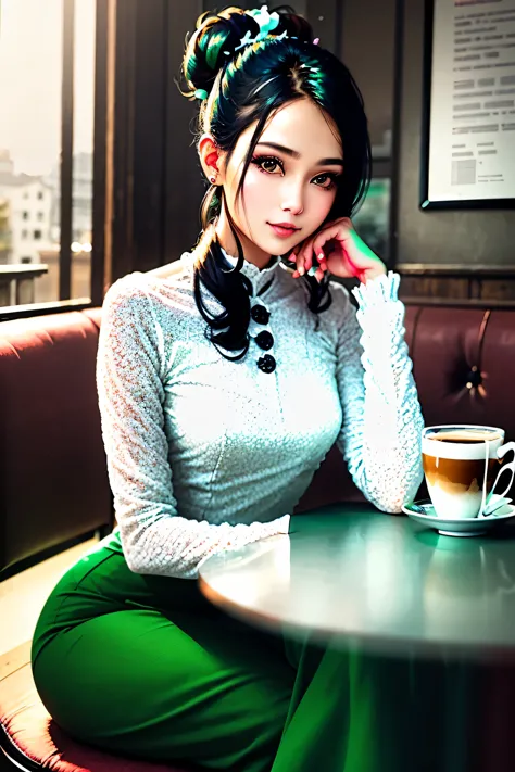 Portrait of a stunning young woman with a stylish hair bun, captivating gaze, and a warm atmosphere of a cozy coffee shop, reali...