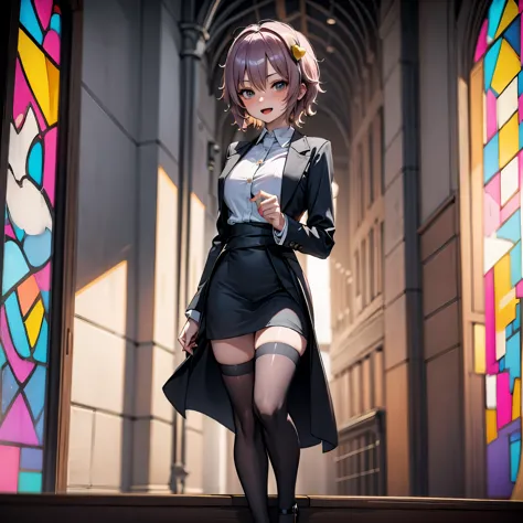 (Satori toho character:1.1), (solo), (standing), (stained glass), BREAK, short hair, large perky breasts, (inconceivably short t...