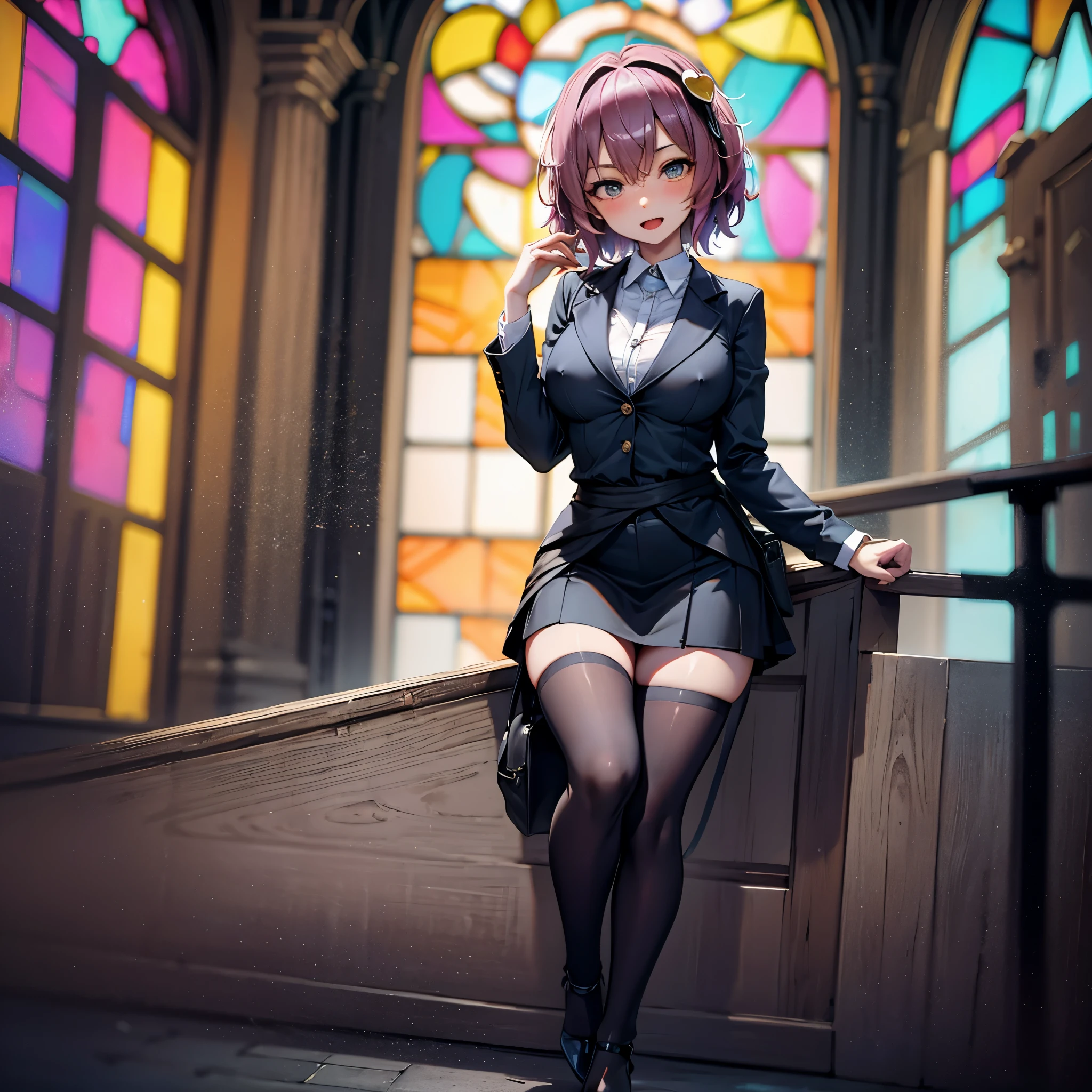 (Satori toho character:1.1), (solo), (standing), (stained glass), BREAK, short hair, large perky breasts, (inconceivably short torso), (inconceivably thin waist:1.2), (very long legs), BREAK, (black blazer:1.3), (black thighhighs:1.35), (very short black high-waist skirt:1.35) cinches waist too tight, (highheels), BREAK, nose blush, sad smile, open mouth, BREAK, masterpiece, ultra-detailed, ultra high resolution, full body