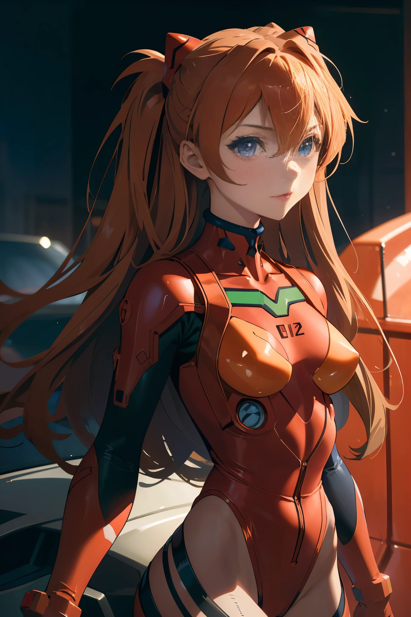 (masterpiece, best quality), 1girl, beautiful face, beautiful body, souryuu_asuka_langley, plugsuit, bodysuit, interface headset, red bodysuit, hair between eyes, pilot suit