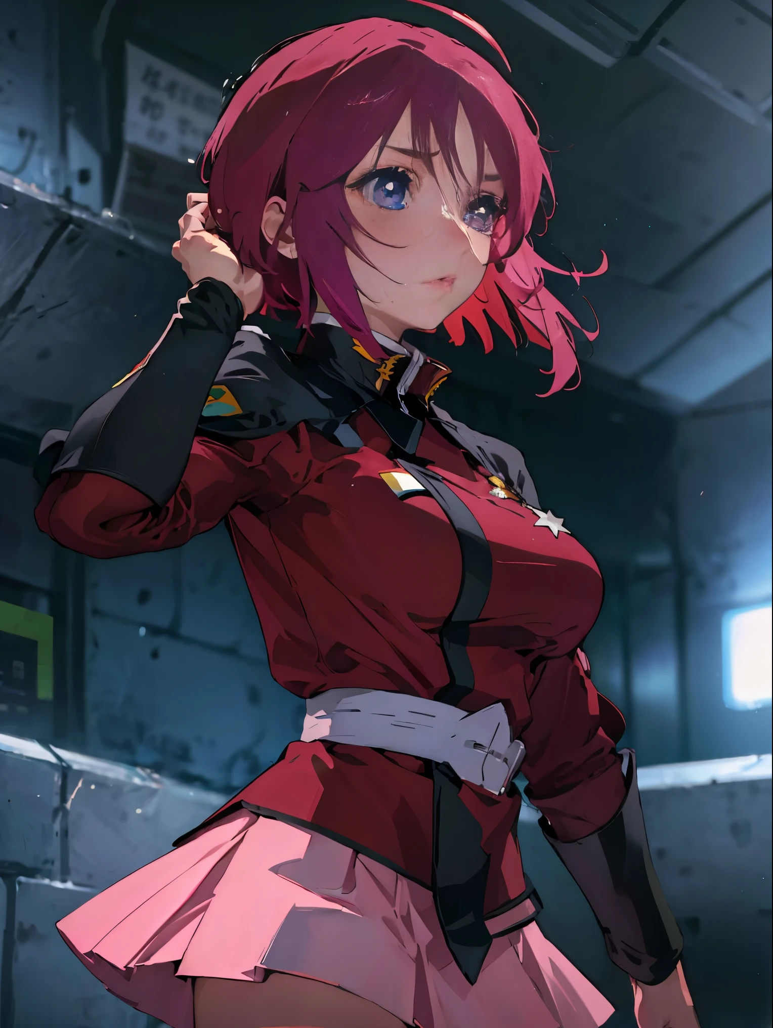 ((masterpiece)), ((best quality)), ((ultra detailed)), 8K, 16K, detailed beautiful face, detailed beautiful eyes, sl1, 1girl, short hair, red hair, ahoge, long sleeves, military uniform, pink skirt, large breasts, expressionless, fighting stance, laboratorium, viewed from side