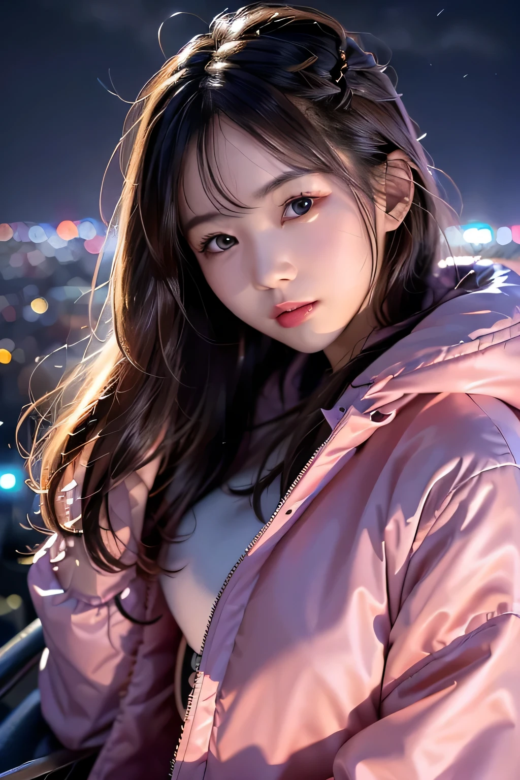 1 girl、((Upper shot close-up))、((flying above clouds))、 masterpiece, , 8K, Super detailed, 、because I&#39;thin、flat body、cute、 hair blowing in the wind、The city below shines with neon lights、((Down jacket for cold weather))、(((night))),cast a shadow、look up